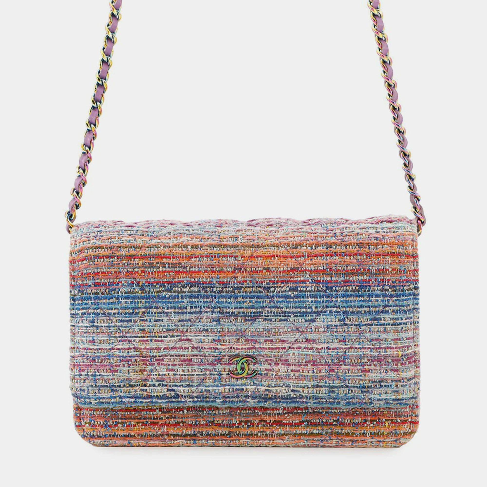 Pre Owned Chanel Chain Wallet Multicolor Tweed