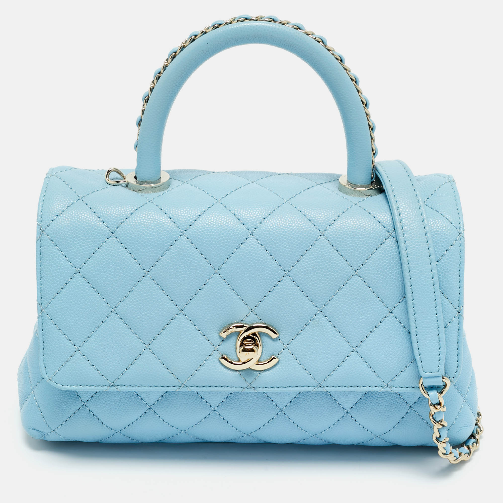 Pre Owned Chanel Light Blue Quilted Caviar Leather Mini Coco Top Handle Bag