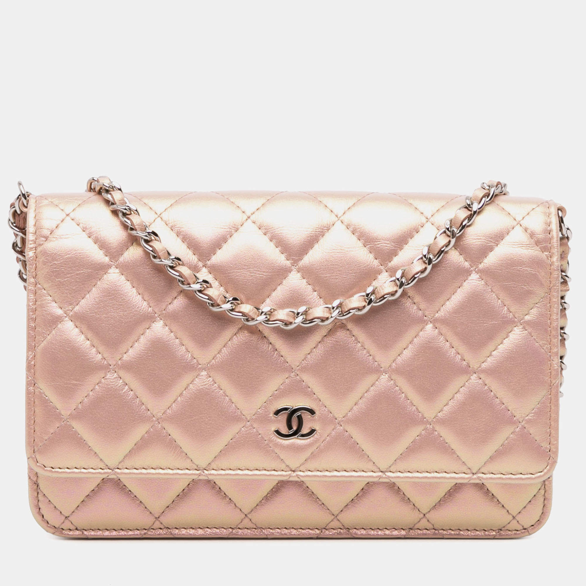 Pre Owned Chanel Pink Quilted Iridescent Lambskin Wallet on Chain