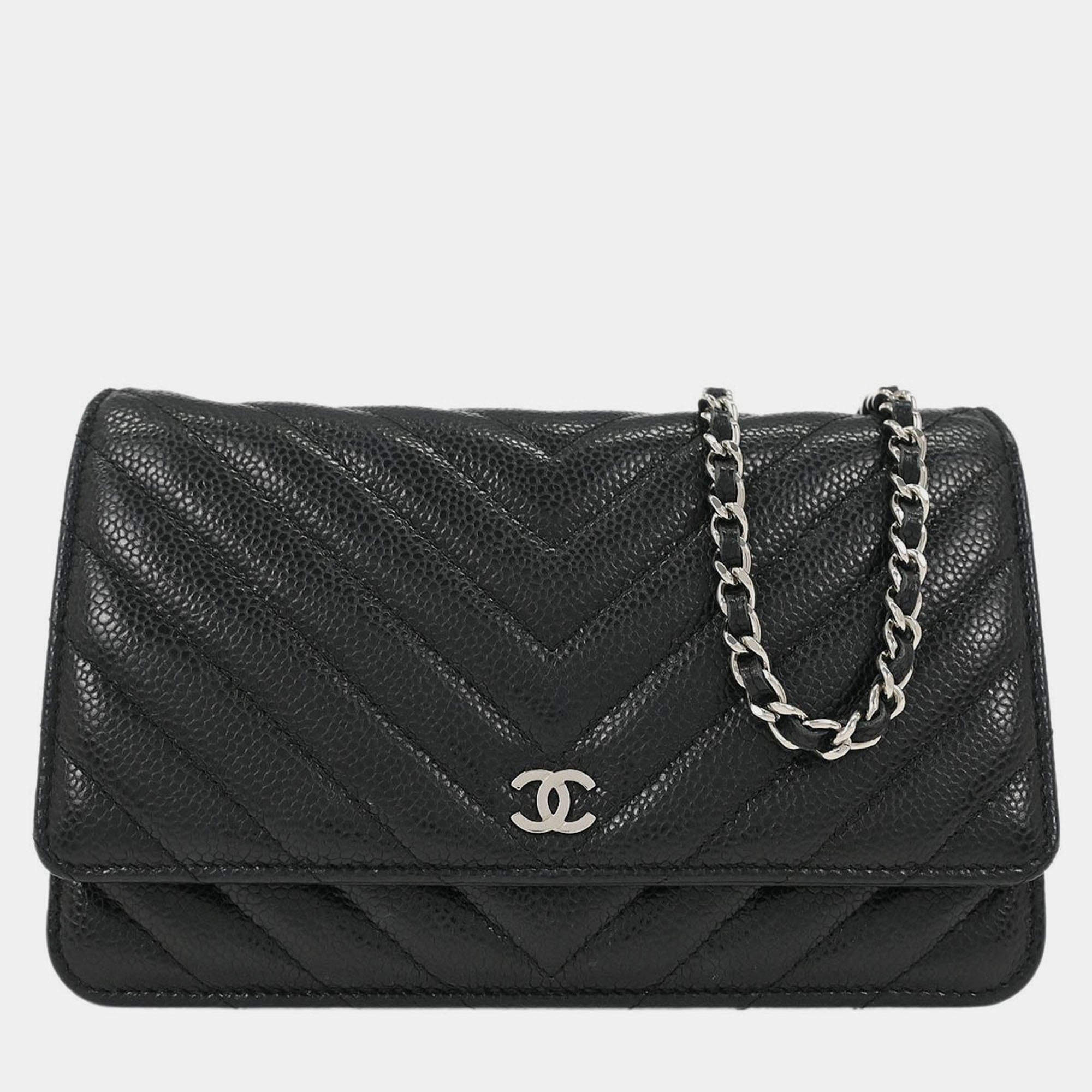 Pre Owned Chanel Black Calfskin Chevron Classic WOC Wallet On Chain