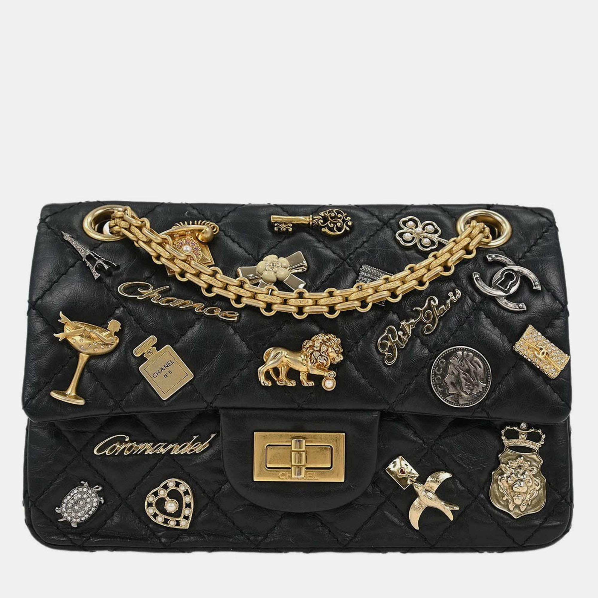Pre Owned Chanel Black Calfskin Icon 2.55 Double Flap Shoulder Bag