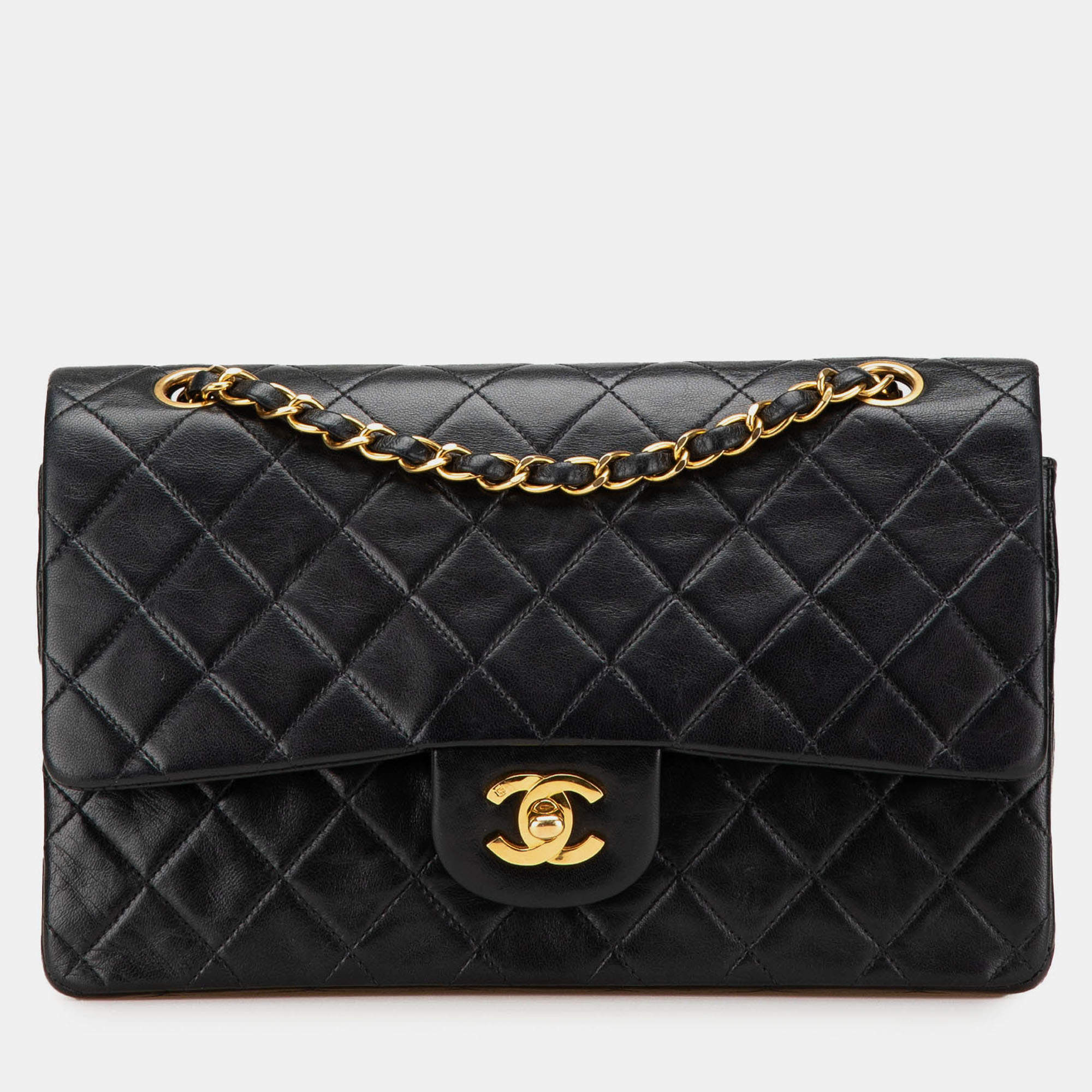 Pre Owned Chanel Black Medium Classic Lambskin Double Flap