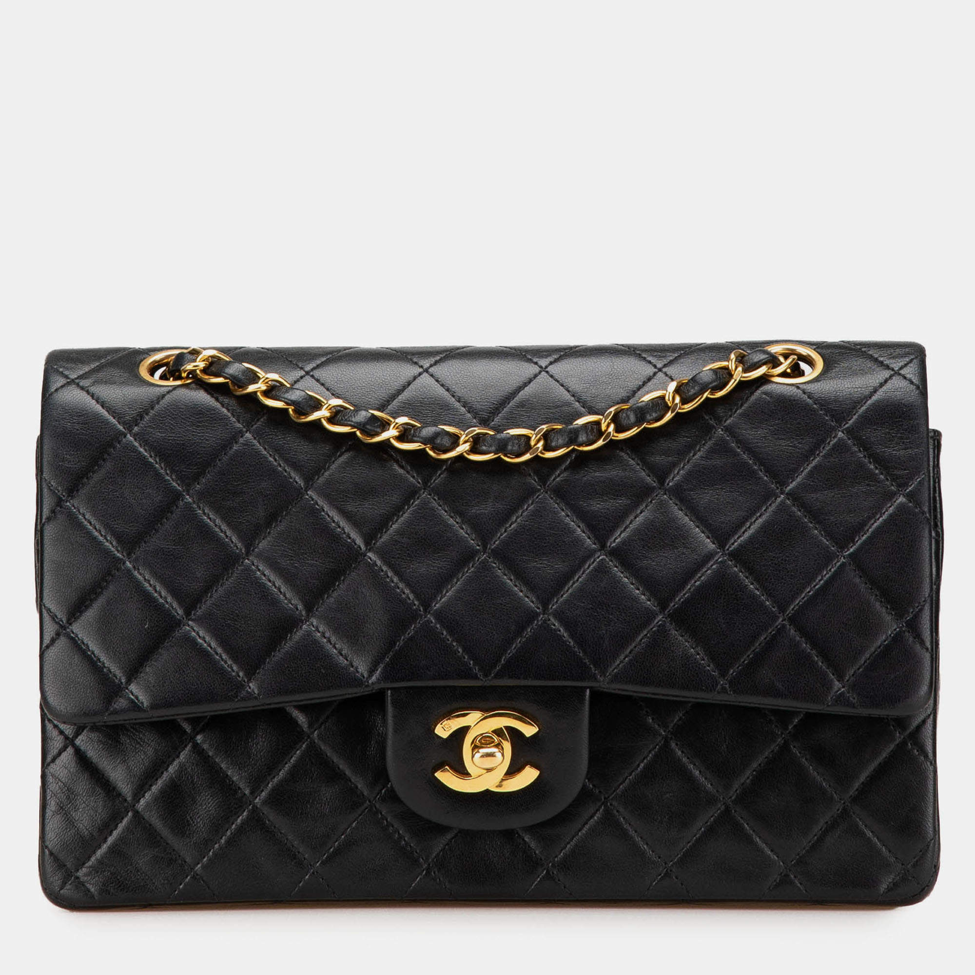 Pre Owned Chanel Black Medium Classic Lambskin Double Flap
