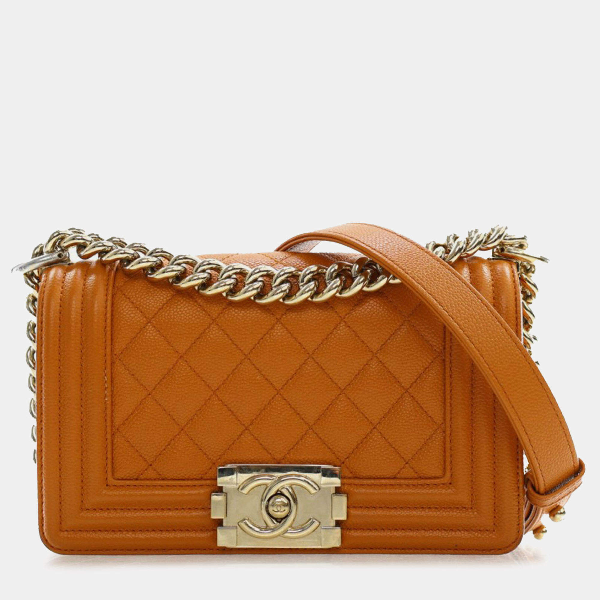 Pre Owned Chanel Brown Small Quilted Caviar Boy Flap