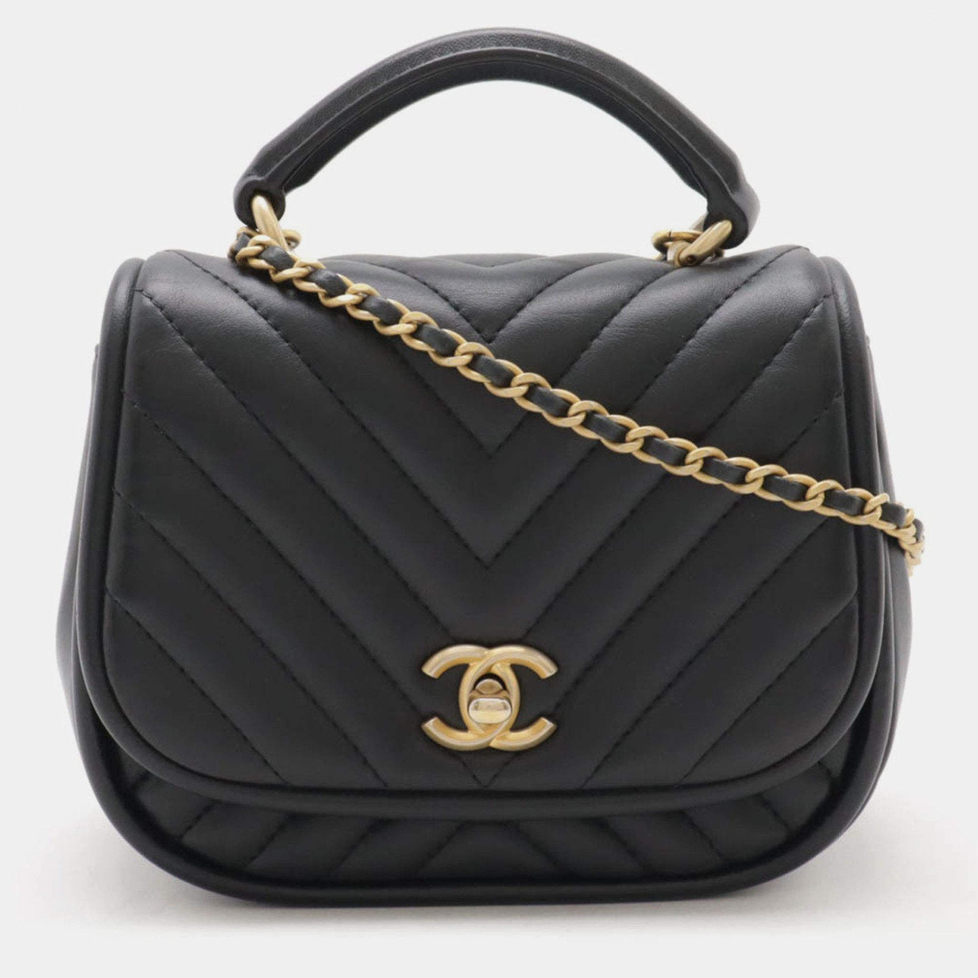 Pre Owned Chanel Reverse Chevron Black Lambskin Top Handle Single Flap Bag