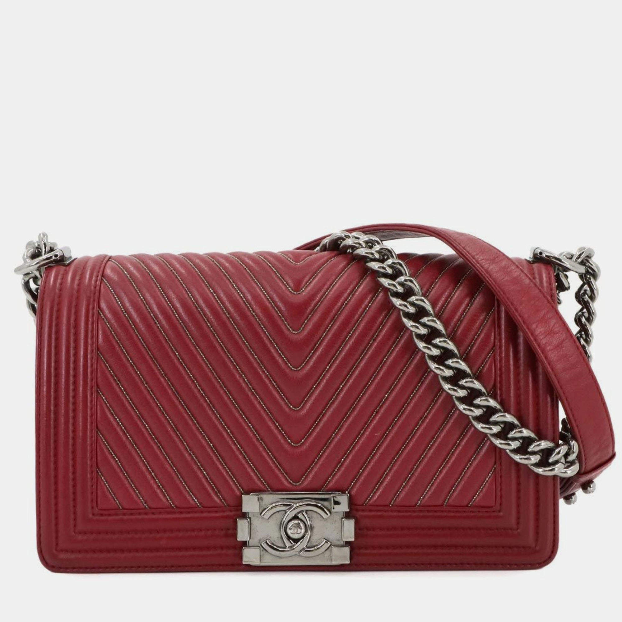 Pre Owned Chanel Boy Red Leather Chevron V-Stitch Chain Shoulder Bag