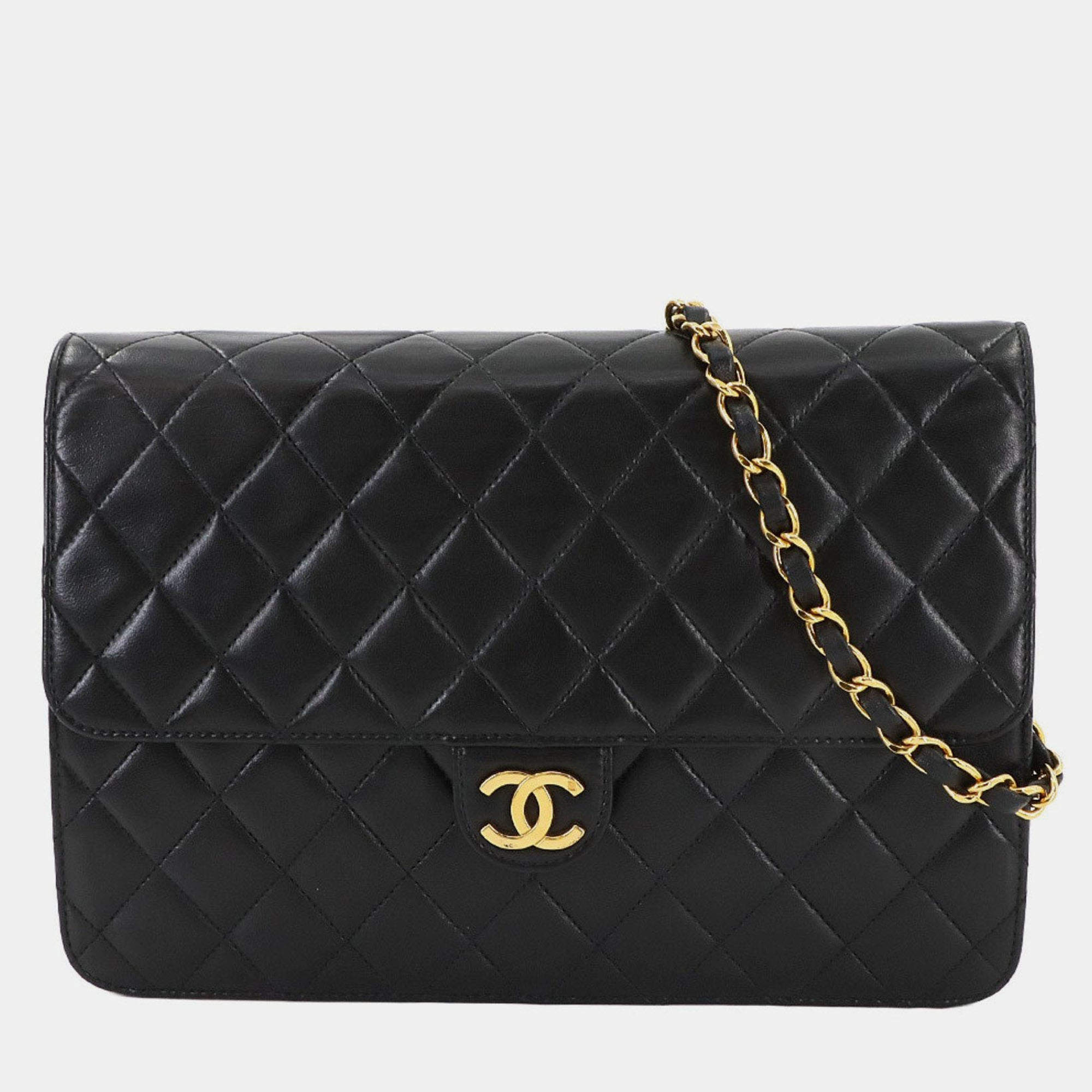 Pre Owned Chanel Square Flap Black Leather Shoulder Bag