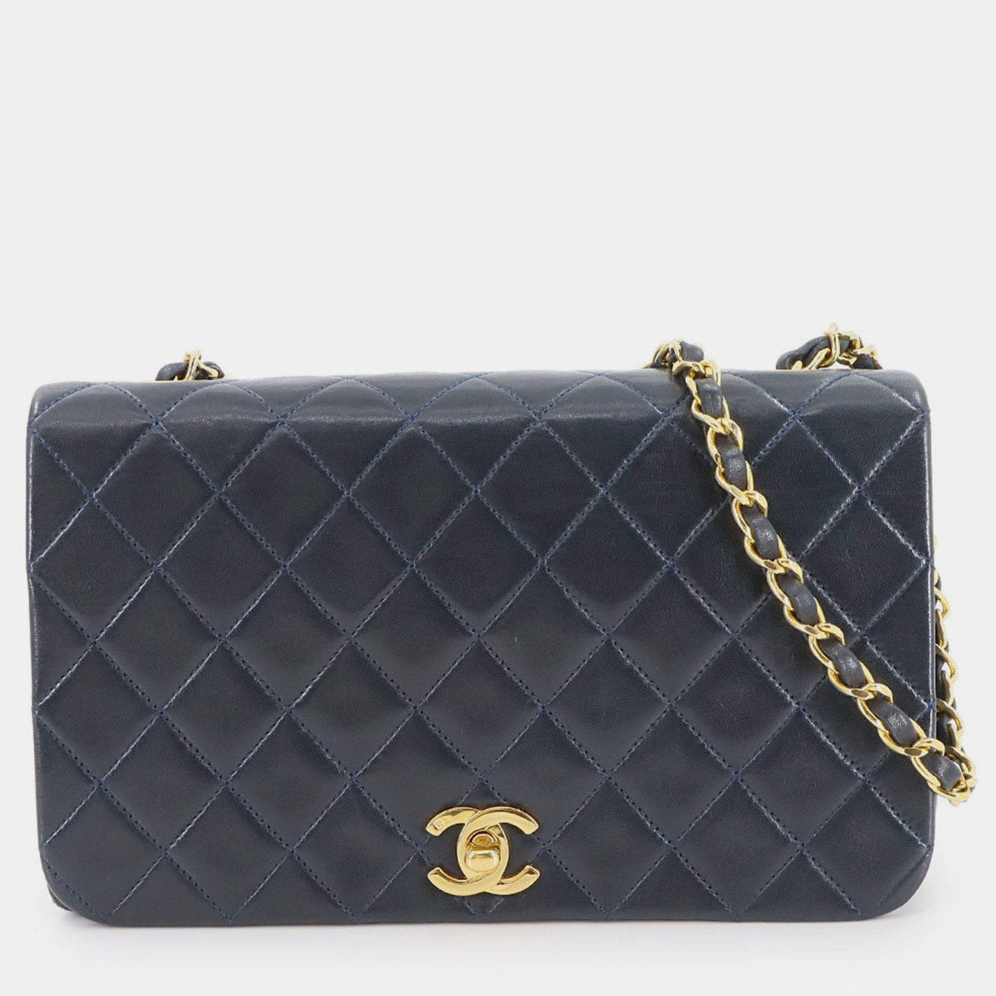 Pre Owned Chanel Full Flap Turnlock Blue Leather Shoulder Bag