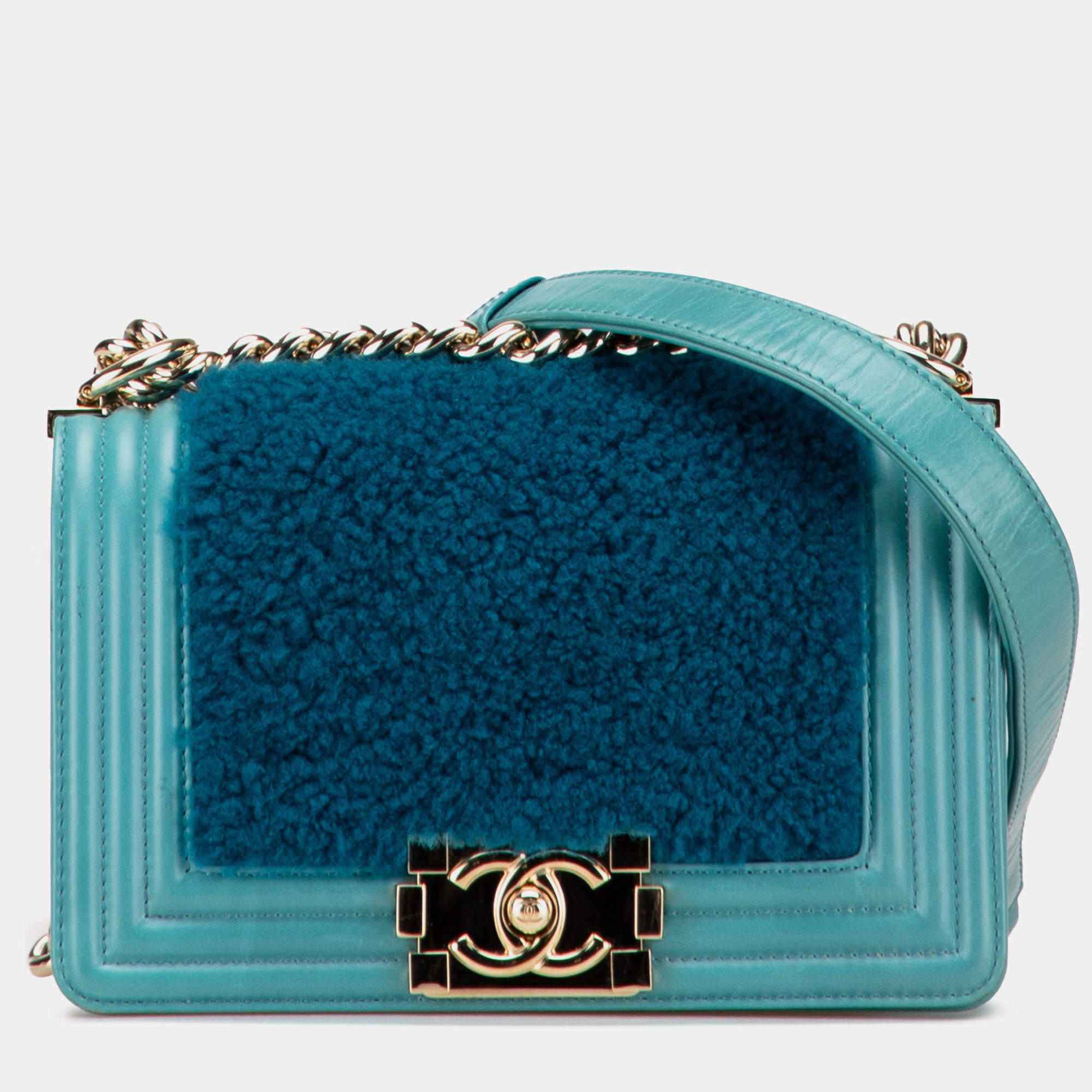 Pre Owned Chanel Blue Small Shearling Boy Flap