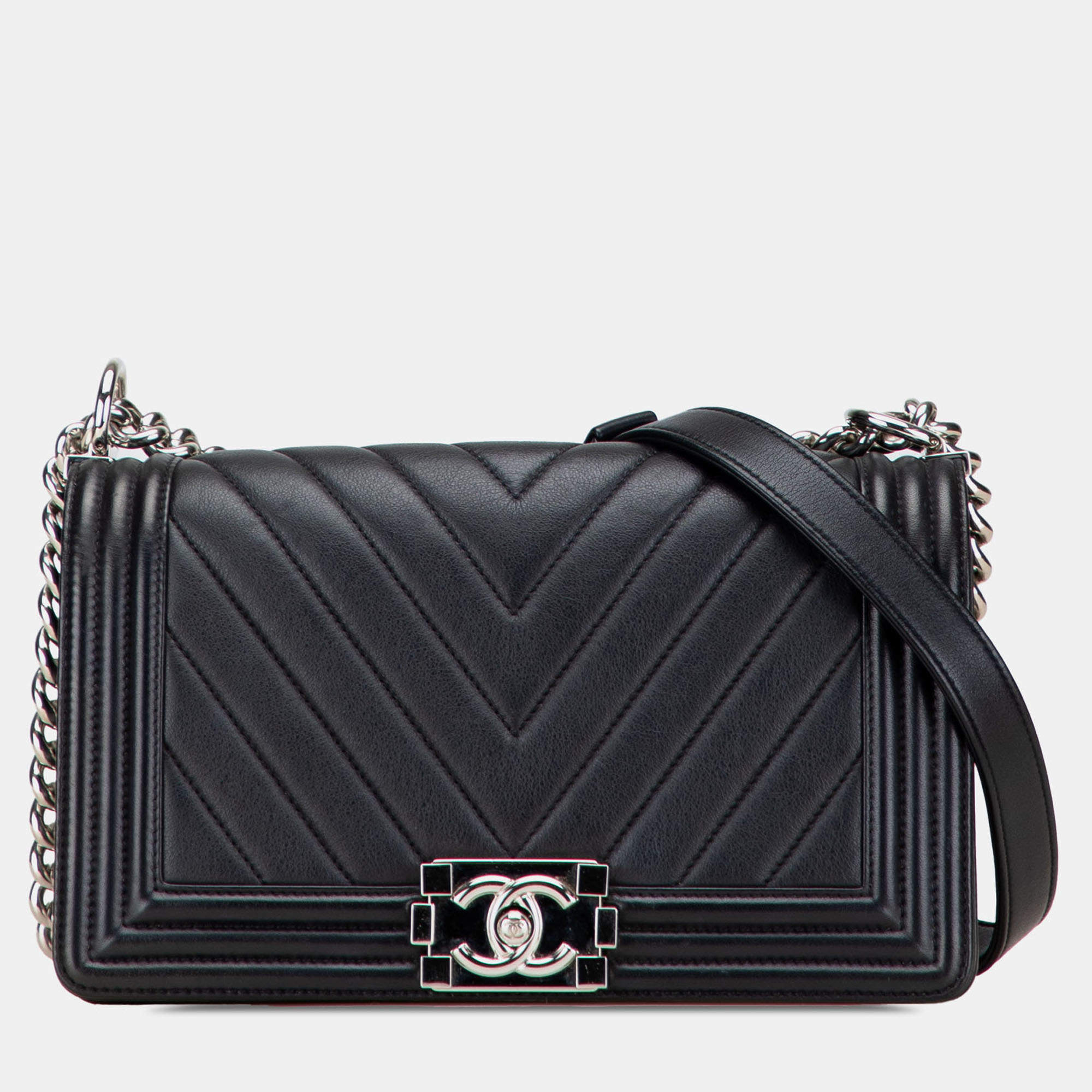 Pre Owned Chanel Black Old Medium Chevron Calfskin Boy Flap