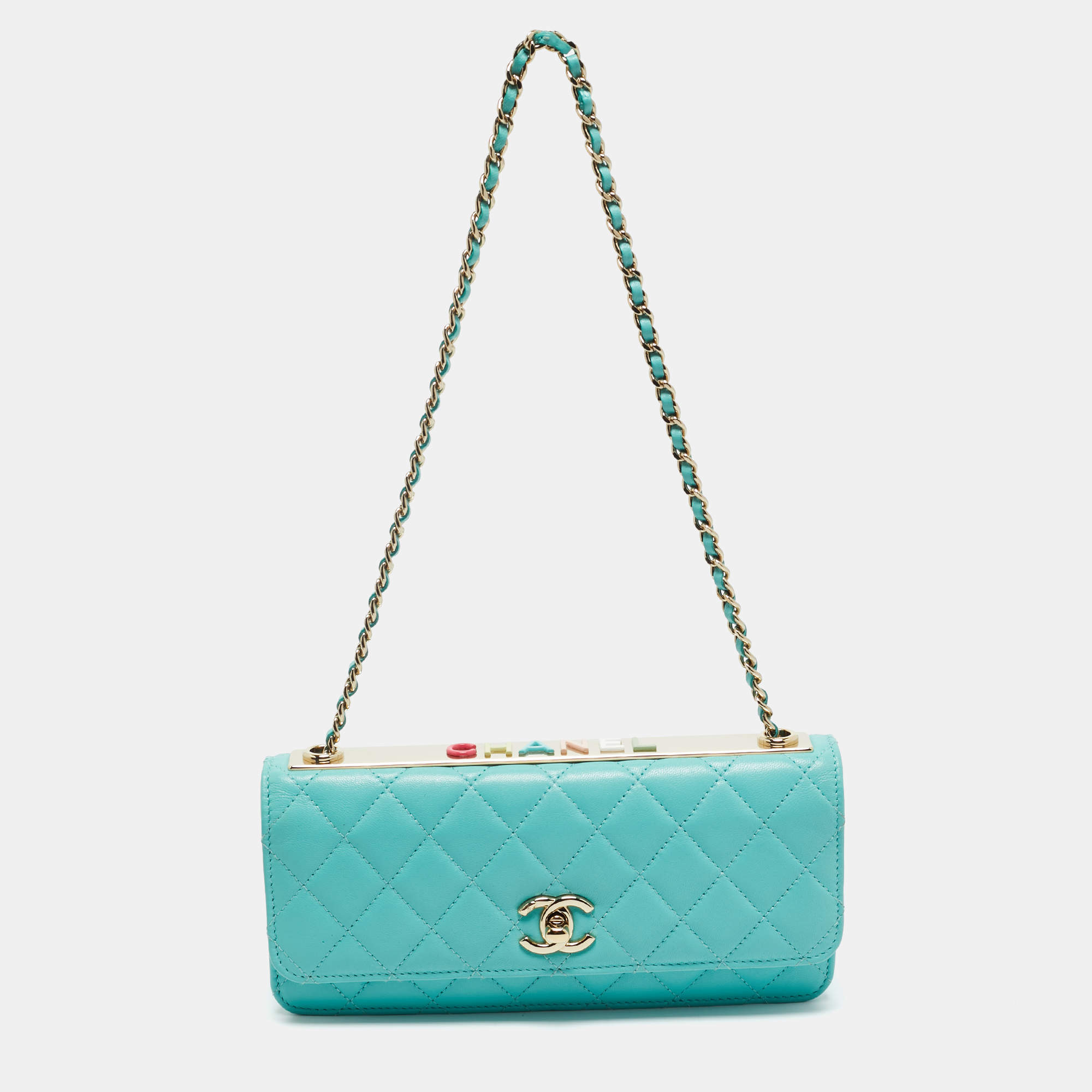 Pre Owned Chanel Turquoise Quilted Leather Trendy CC Wallet on Chain