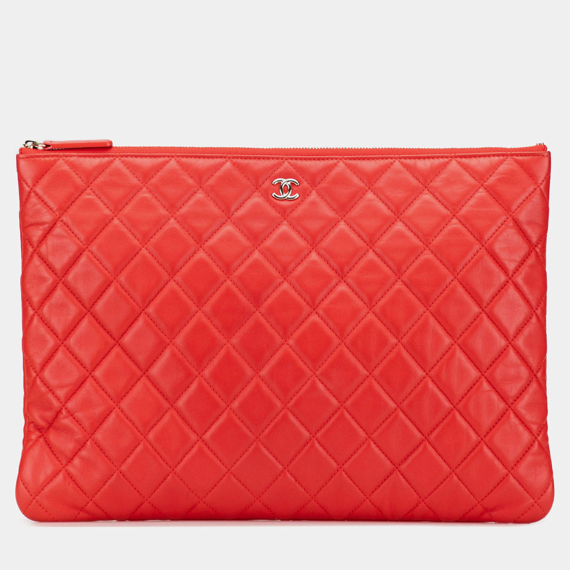 Pre Owned Chanel Red Large Quilted Lambskin O Case Clutch