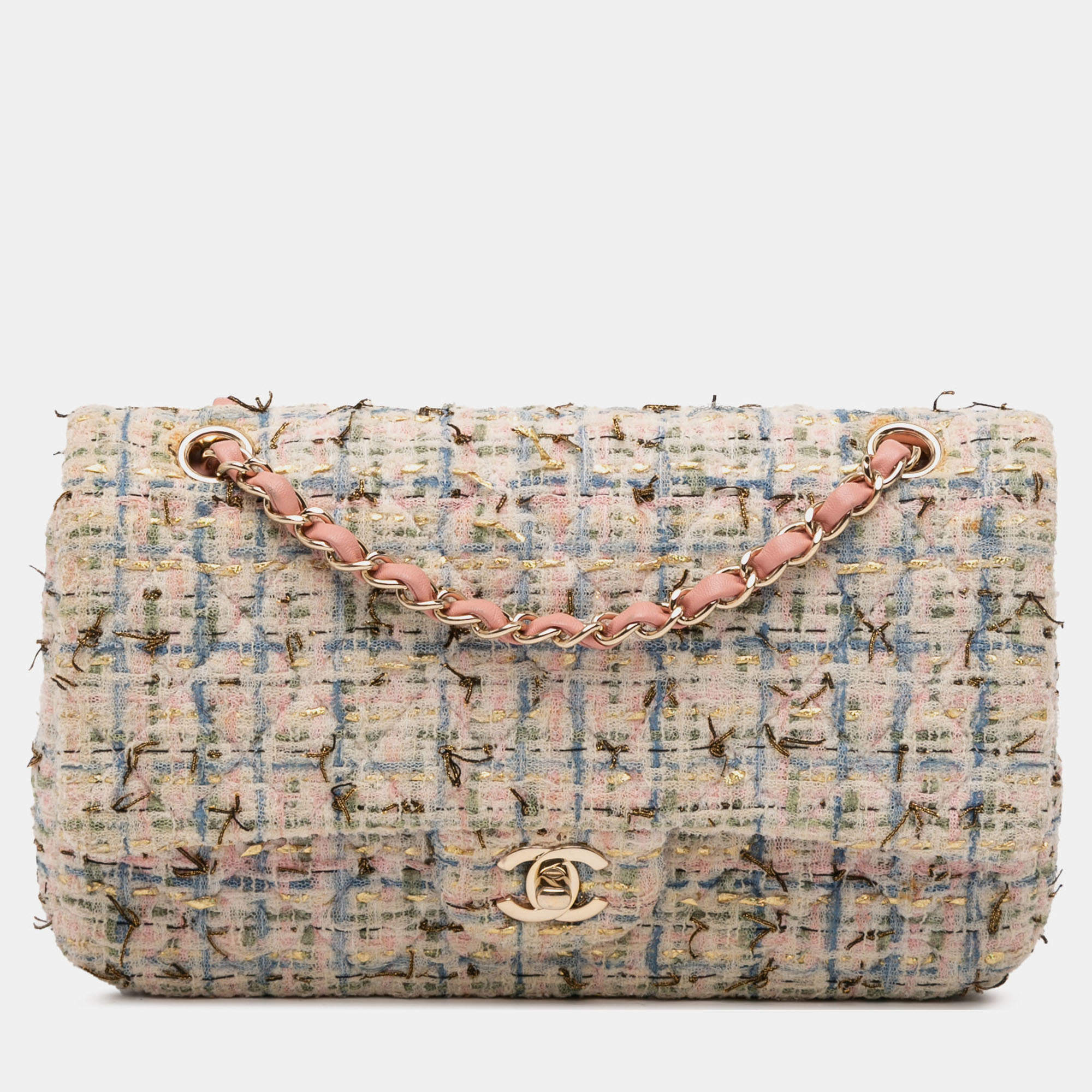 Pre Owned Chanel Pink Medium Classic Boucle Tweed Double Flap