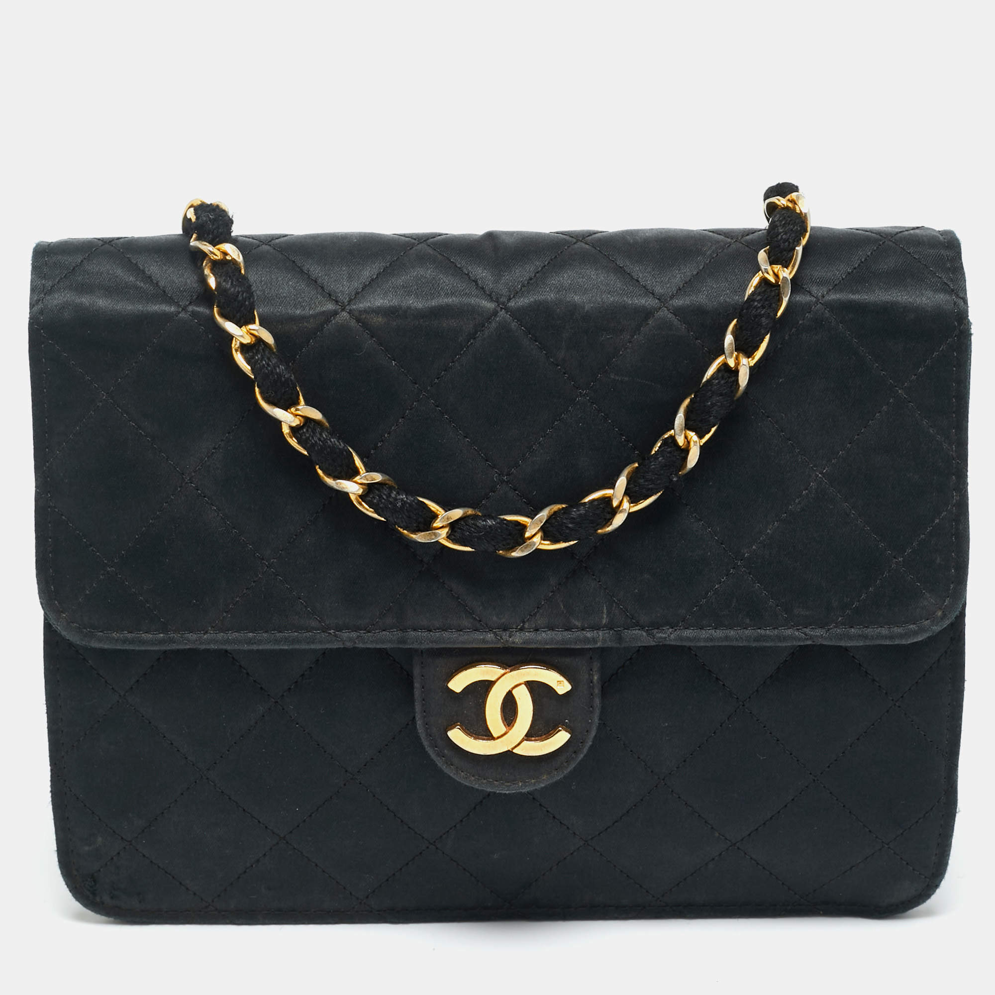 Pre Owned Chanel Black Quilted Satin Vintage Flap Bag