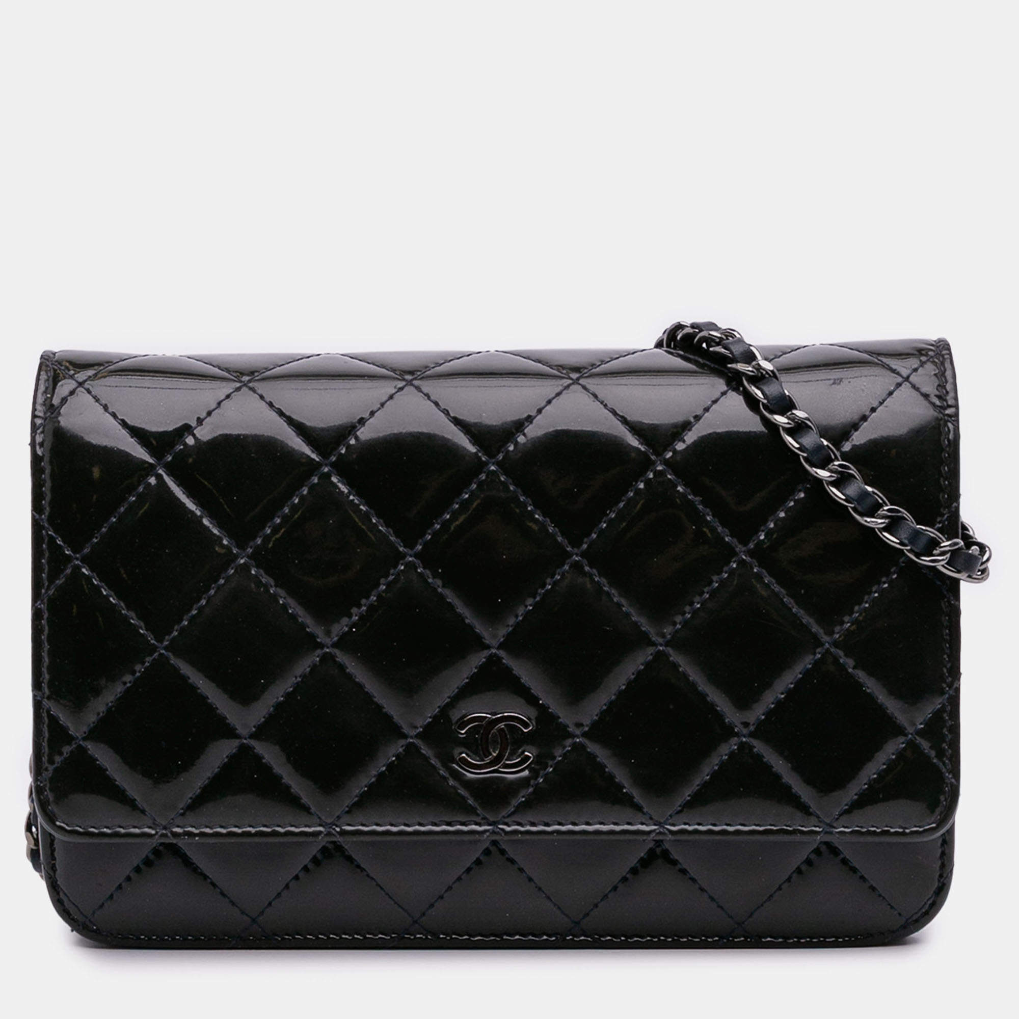 Pre Owned Chanel Black Blue CC Quilted Patent Wallet On Chain