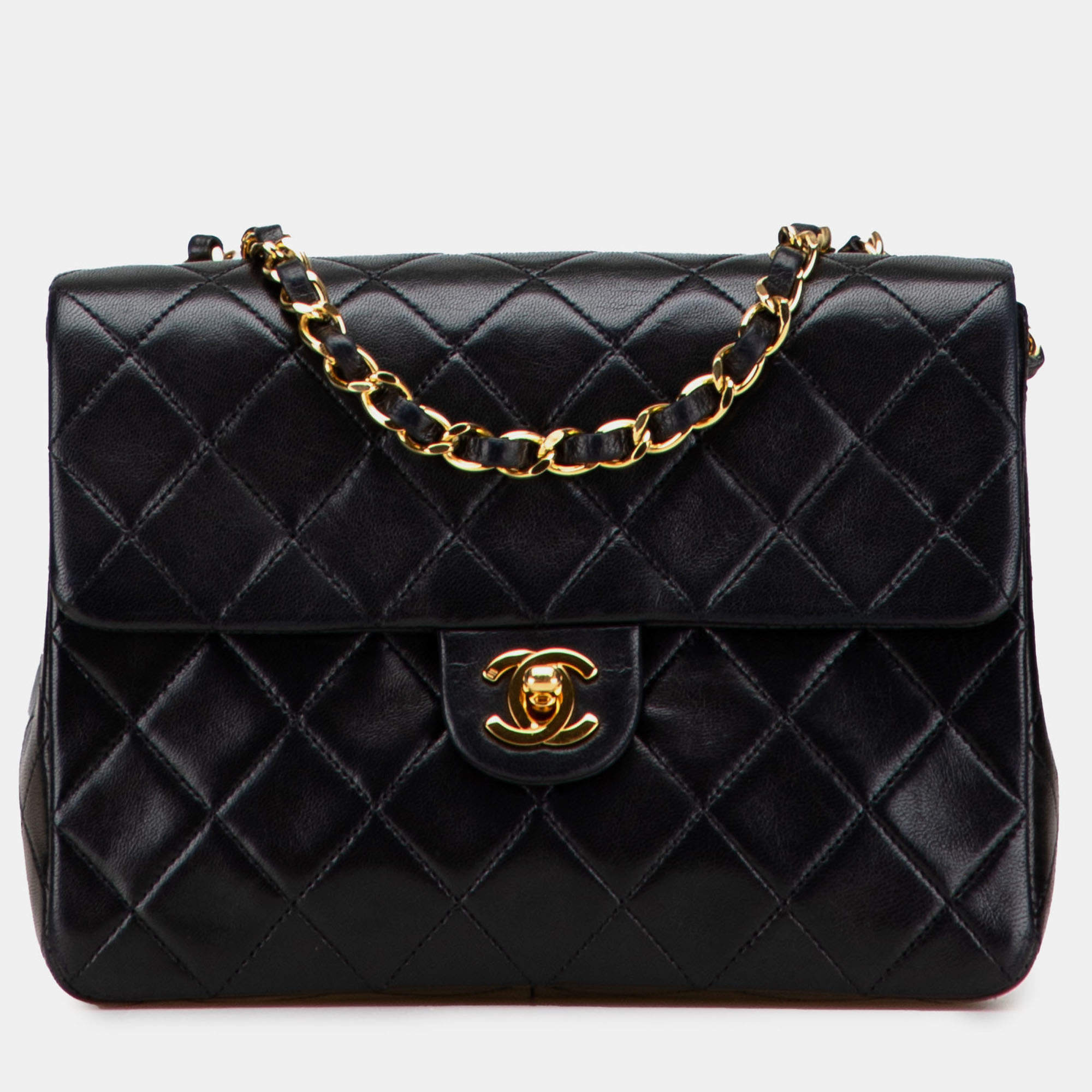 Pre Owned Chanel Black Small Square Quilted Lambskin Flap