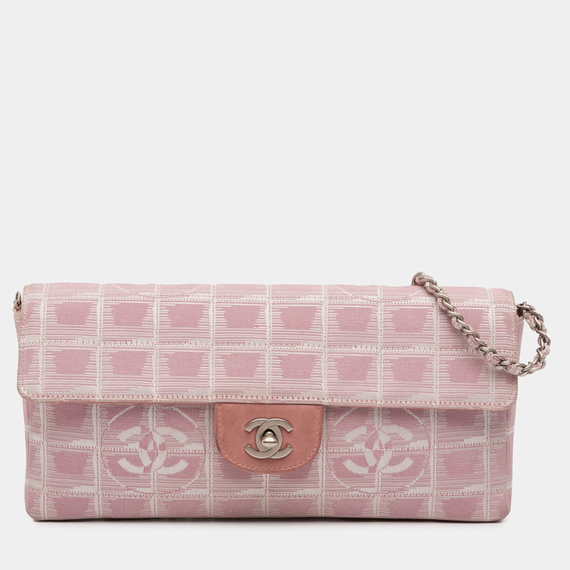 Pre Owned Chanel Pink New Travel Line Nylon East West Flap