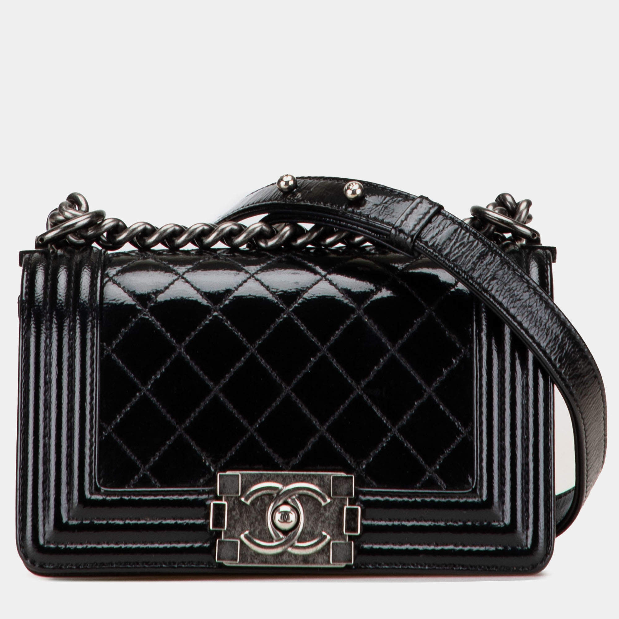 Pre Owned Chanel Black Small Quilted Patent Boy Flap