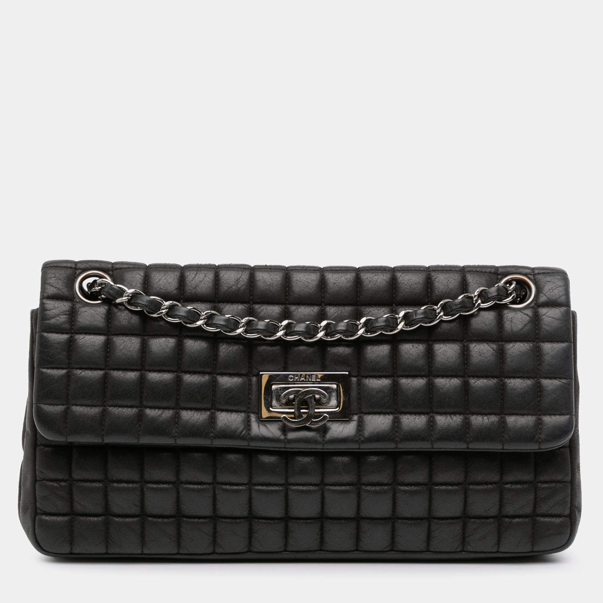 Pre Owned Chanel Black Chocolate Bar Iridescent Calfskin Bubble Flap