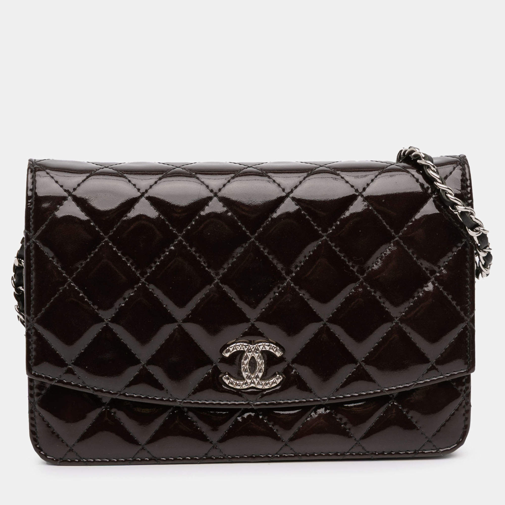 Pre Owned Chanel Black Quilted Patent Brilliant Wallet On Chain