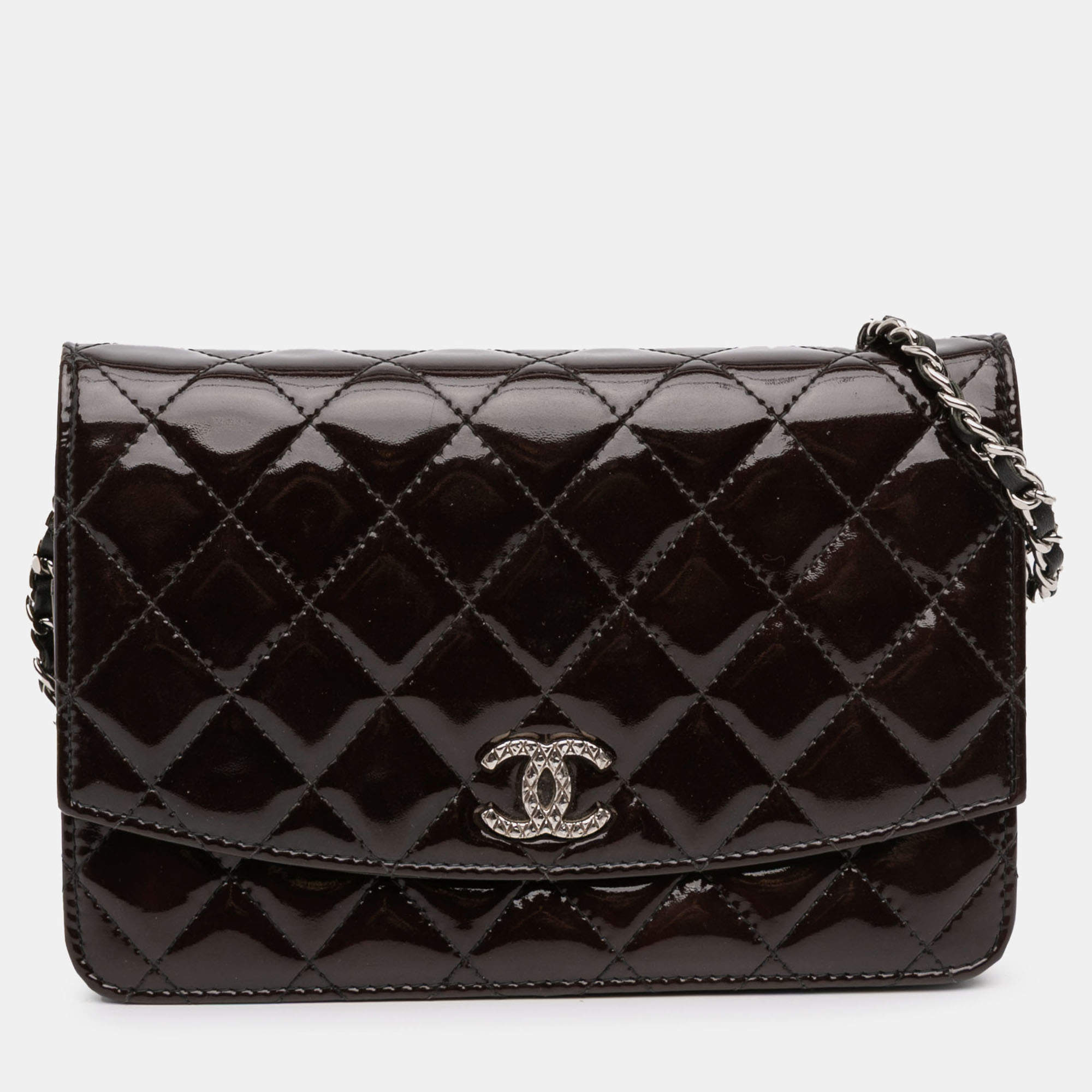 Pre Owned Chanel Black Quilted Patent Brilliant Wallet On Chain