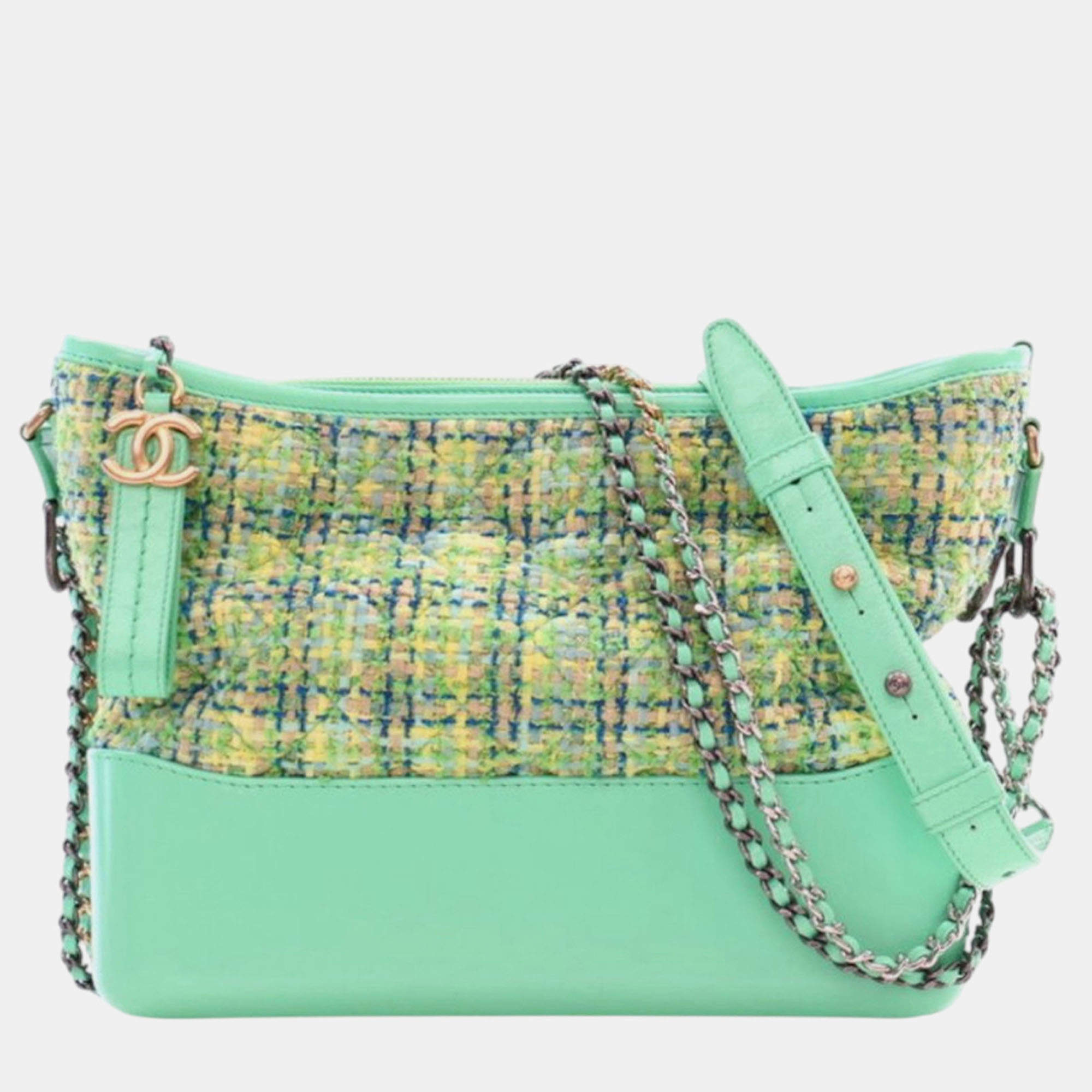 Pre Owned Chanel Green Medium Tweed Gabrielle Crossbody