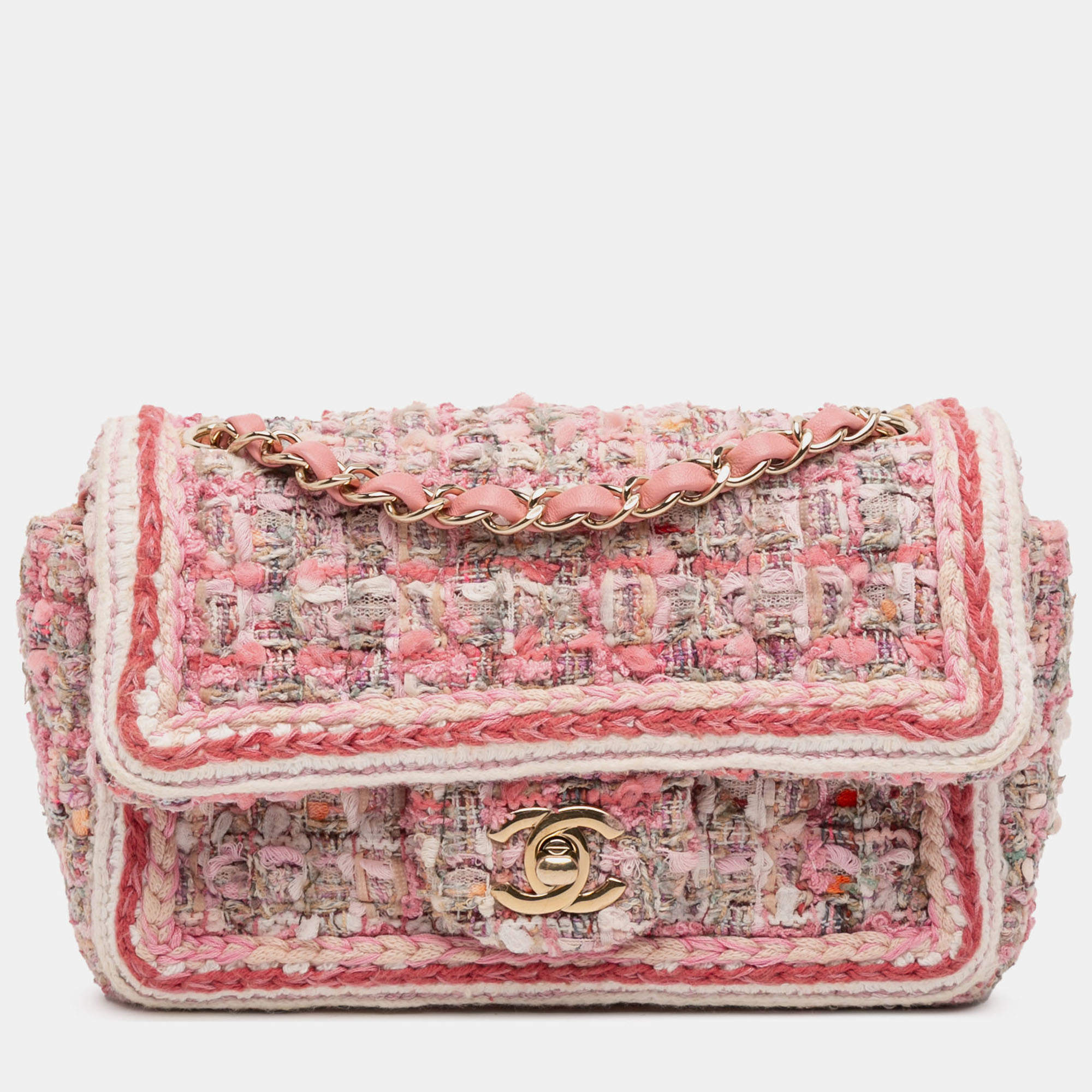 Pre Owned Chanel Pink Mini Rectangular Classic Tweed Braid Flap