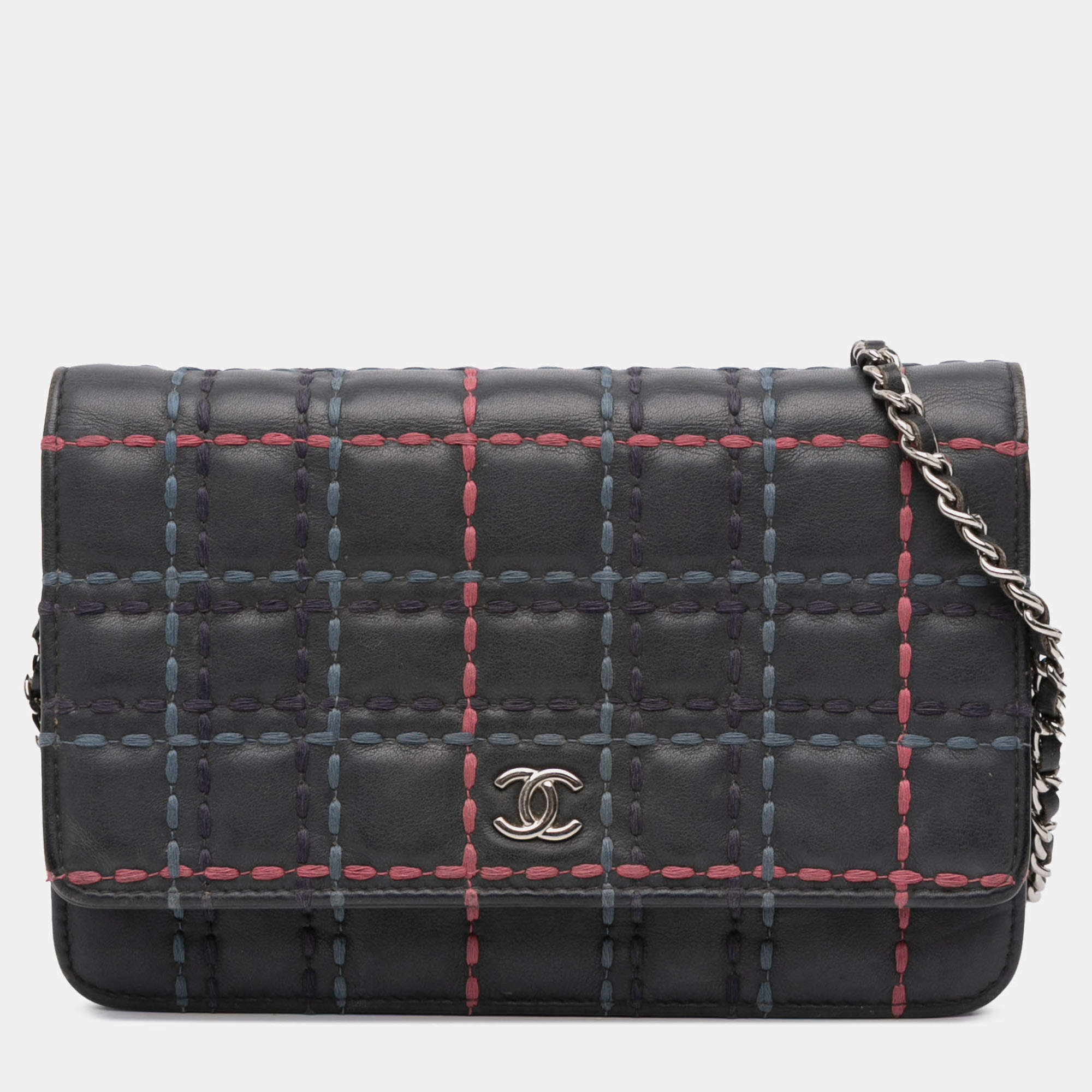 Pre Owned Chanel Blue CC Square Stitched Calfskin Wallet on Chain