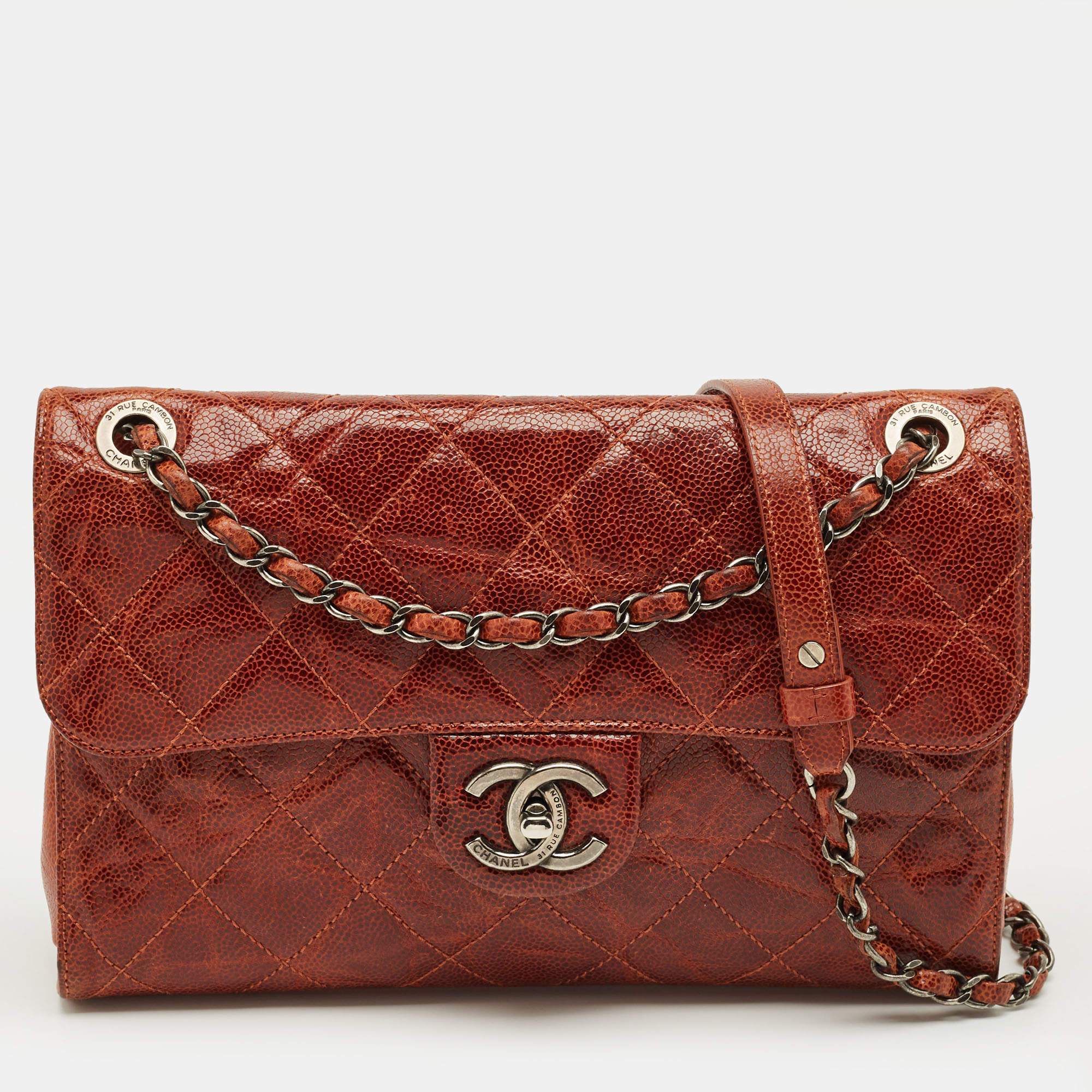 Pre Owned Chanel Brown Glazed Caviar Quilted Leather CC Crave Flap Bag