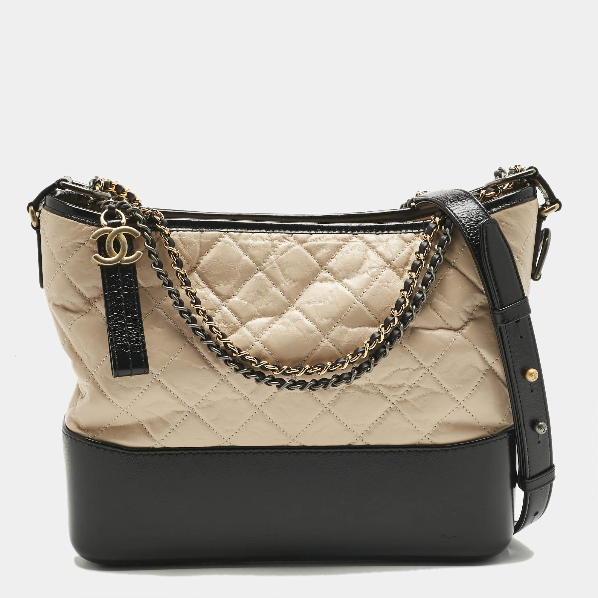 Pre Owned Chanel Beige/Black Quilted Aged Leather Medium Gabrielle Hobo