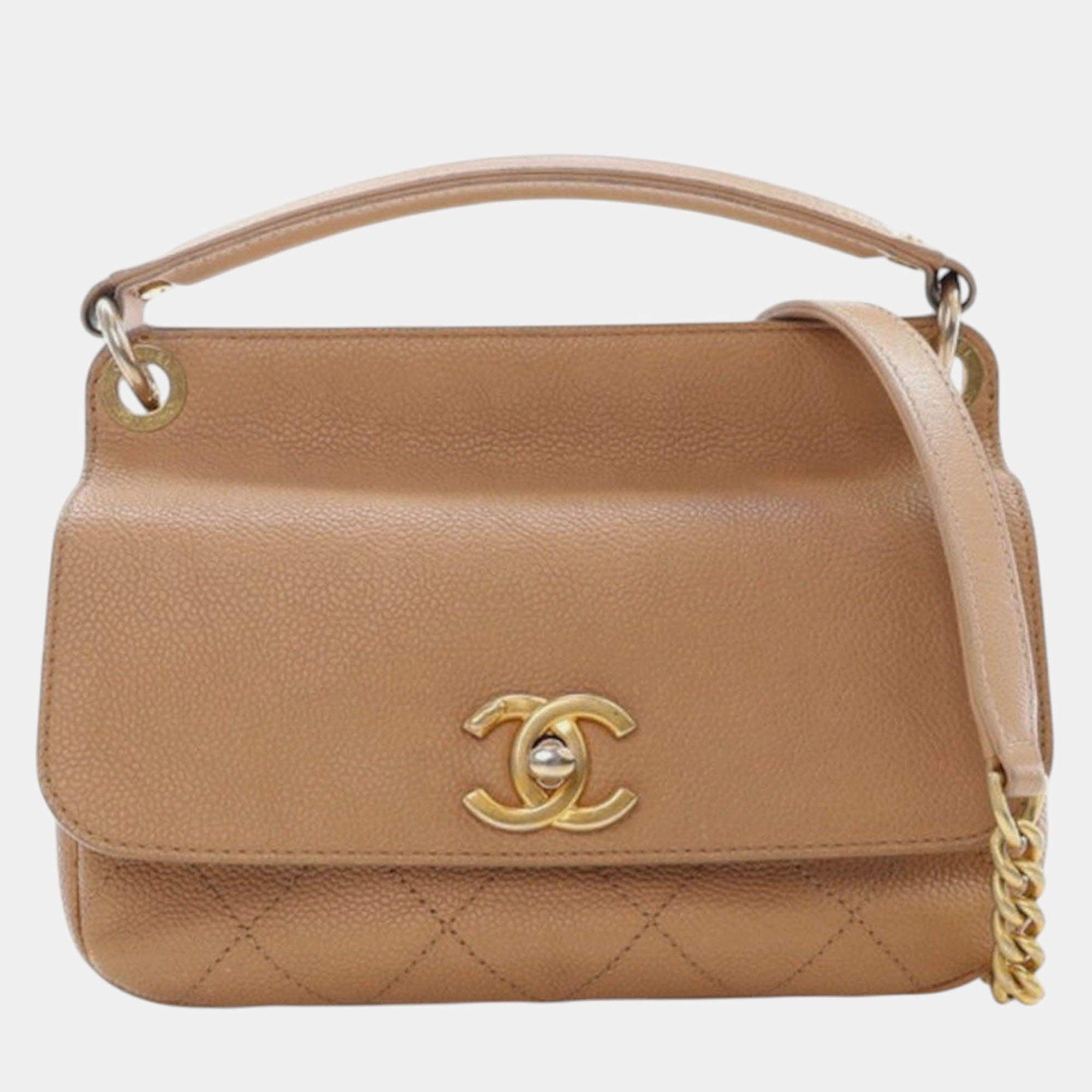 Pre Owned Chanel Brown Small Stitched Caviar CC Lock Top Handle Flap