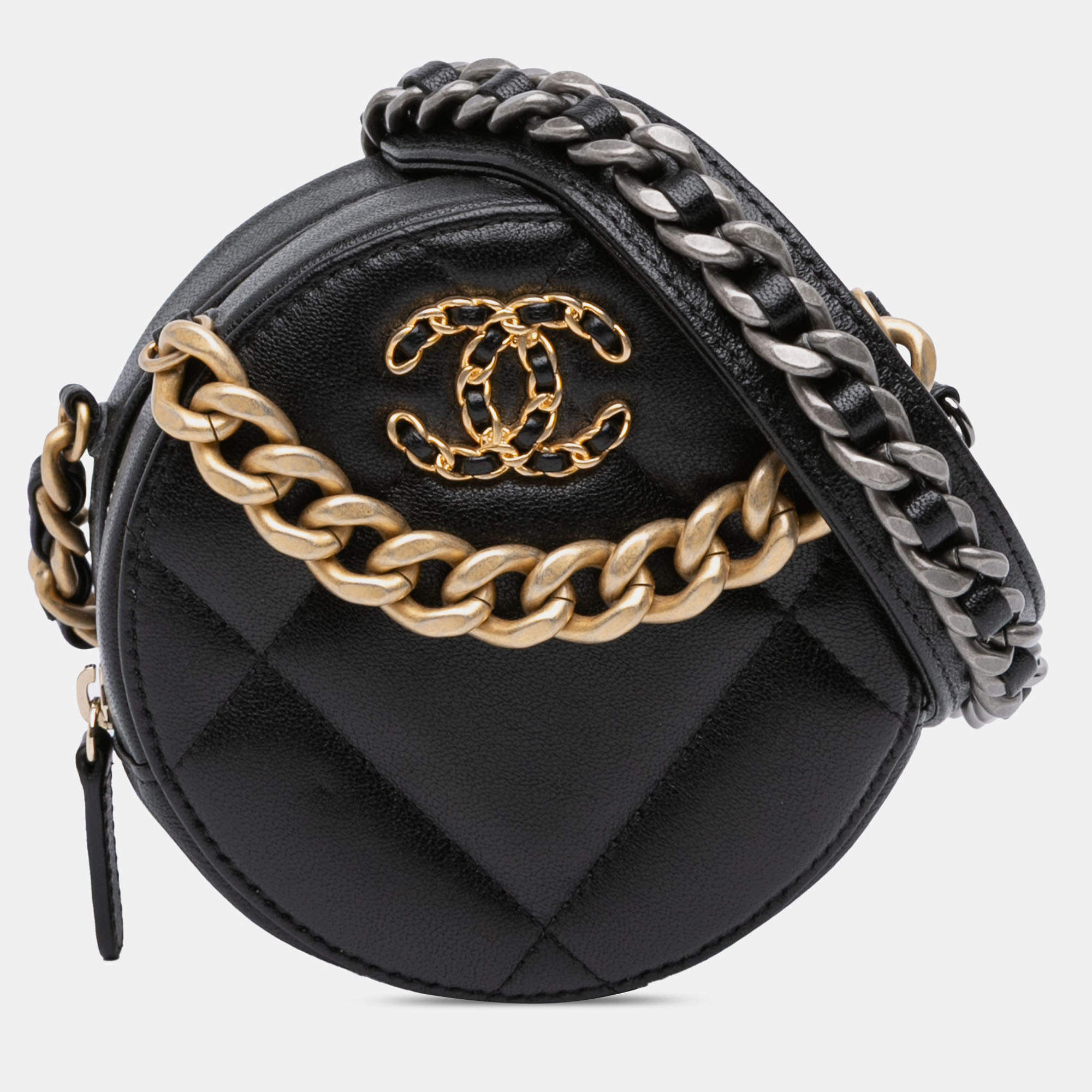 Pre Owned Chanel Black Lambskin 19 Round Clutch with Chain