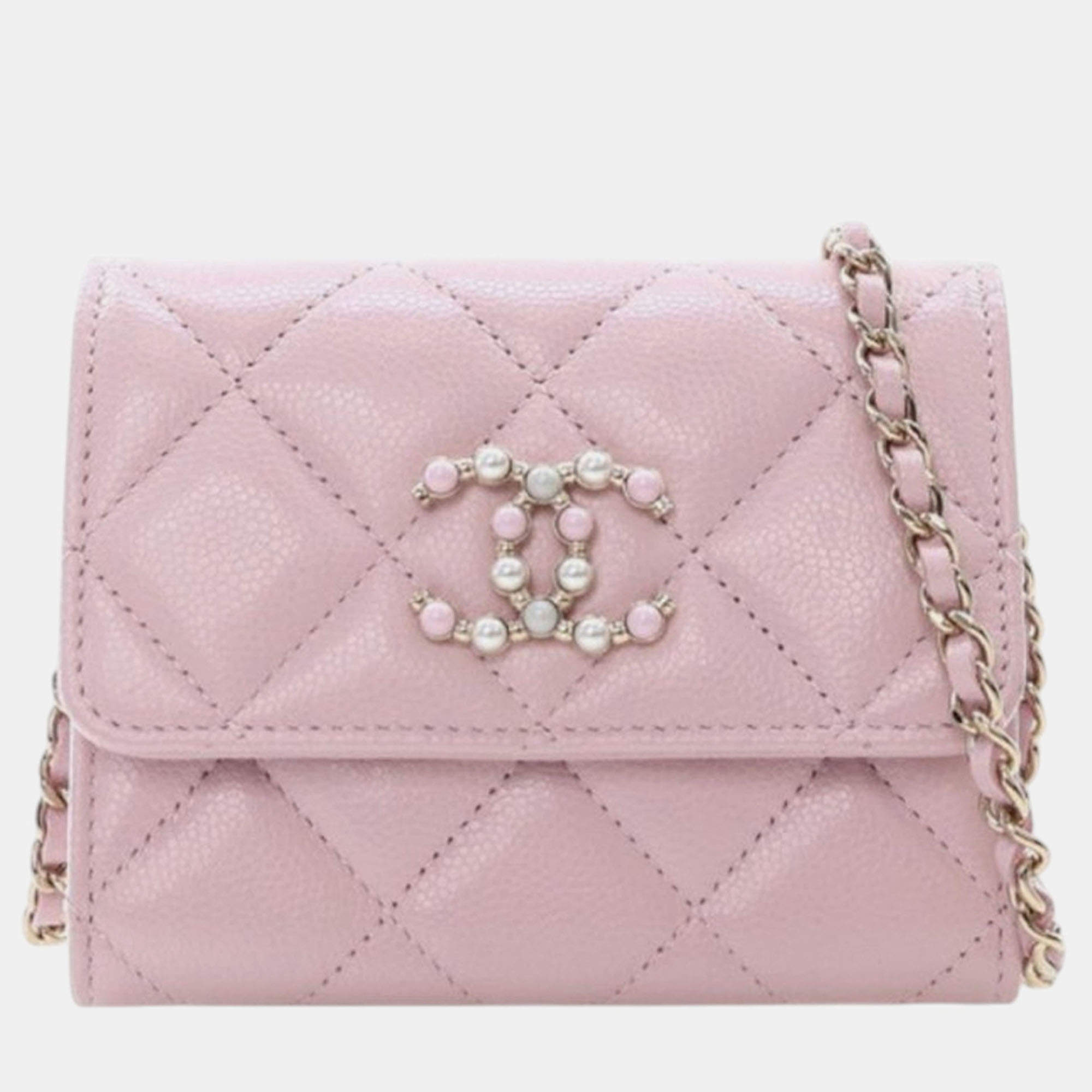 Pre Owned Chanel Pink Quilted Caviar Coco Candy Card Holder on Chain