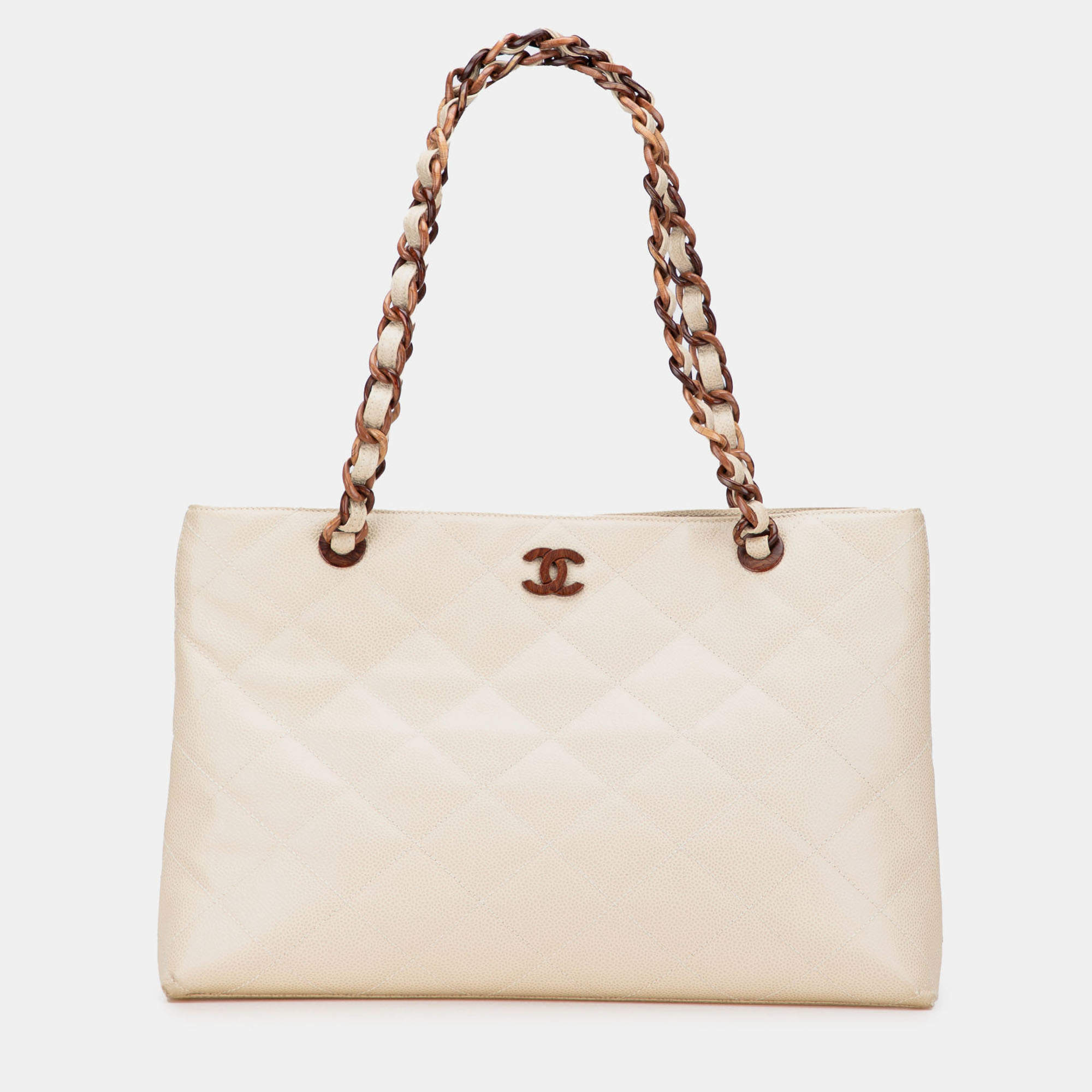 Pre Owned Chanel Cream CC Quilted Caviar Bekko Chain Tote
