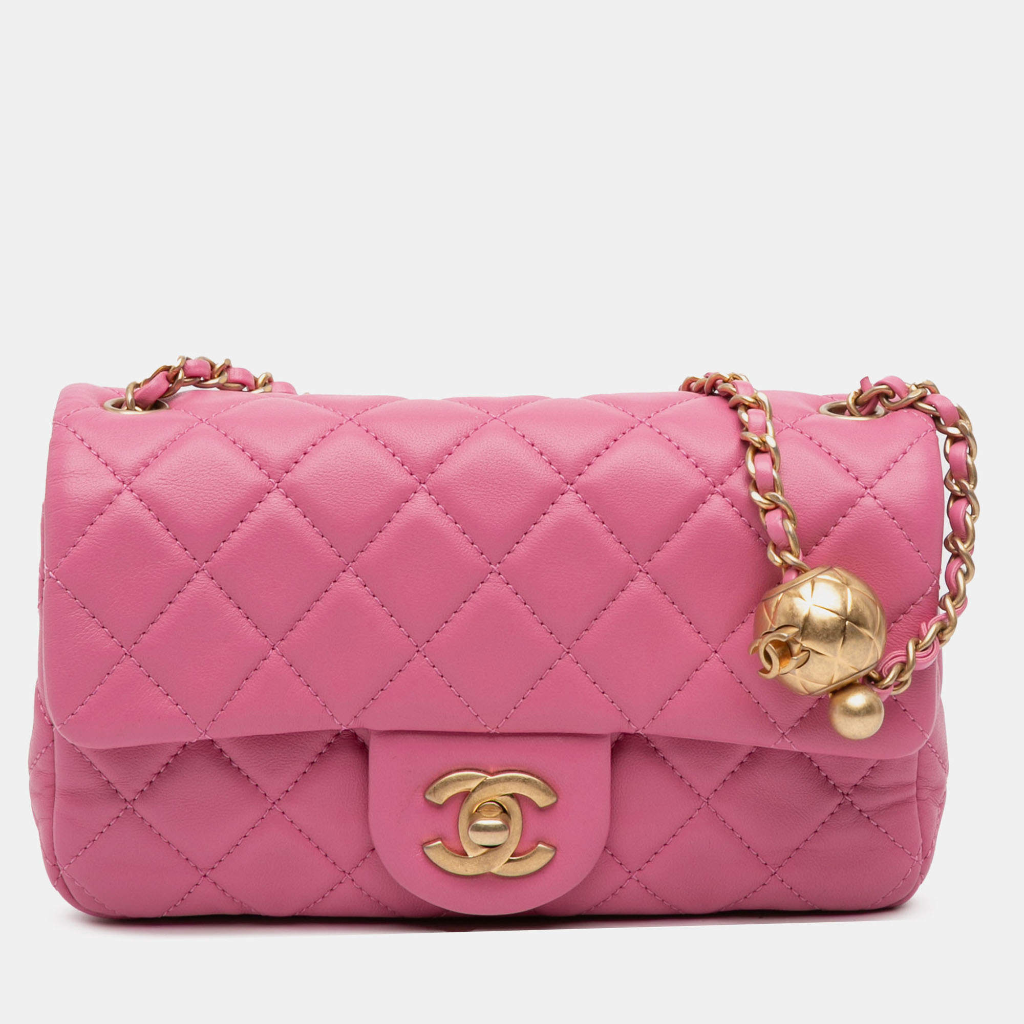 Pre Owned Chanel Pink Mini Rectangular Classic Lambskin Pearl Crush Single Flap