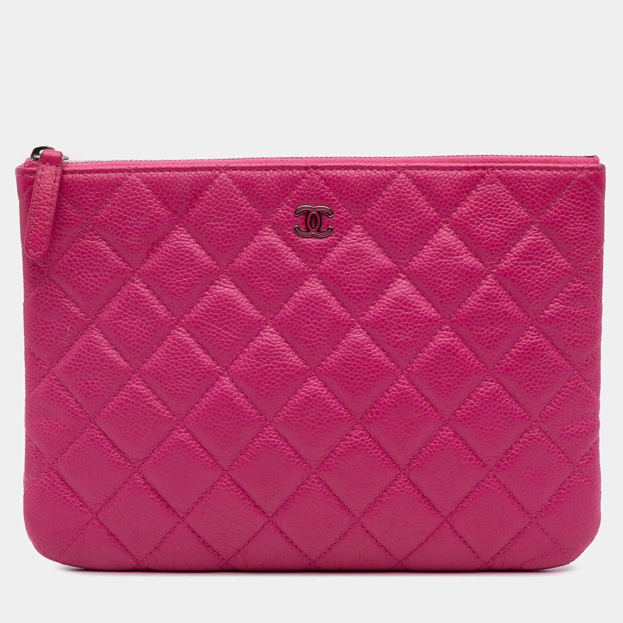 Pre Owned Chanel Pink Small Quilted Caviar O Case Clutch