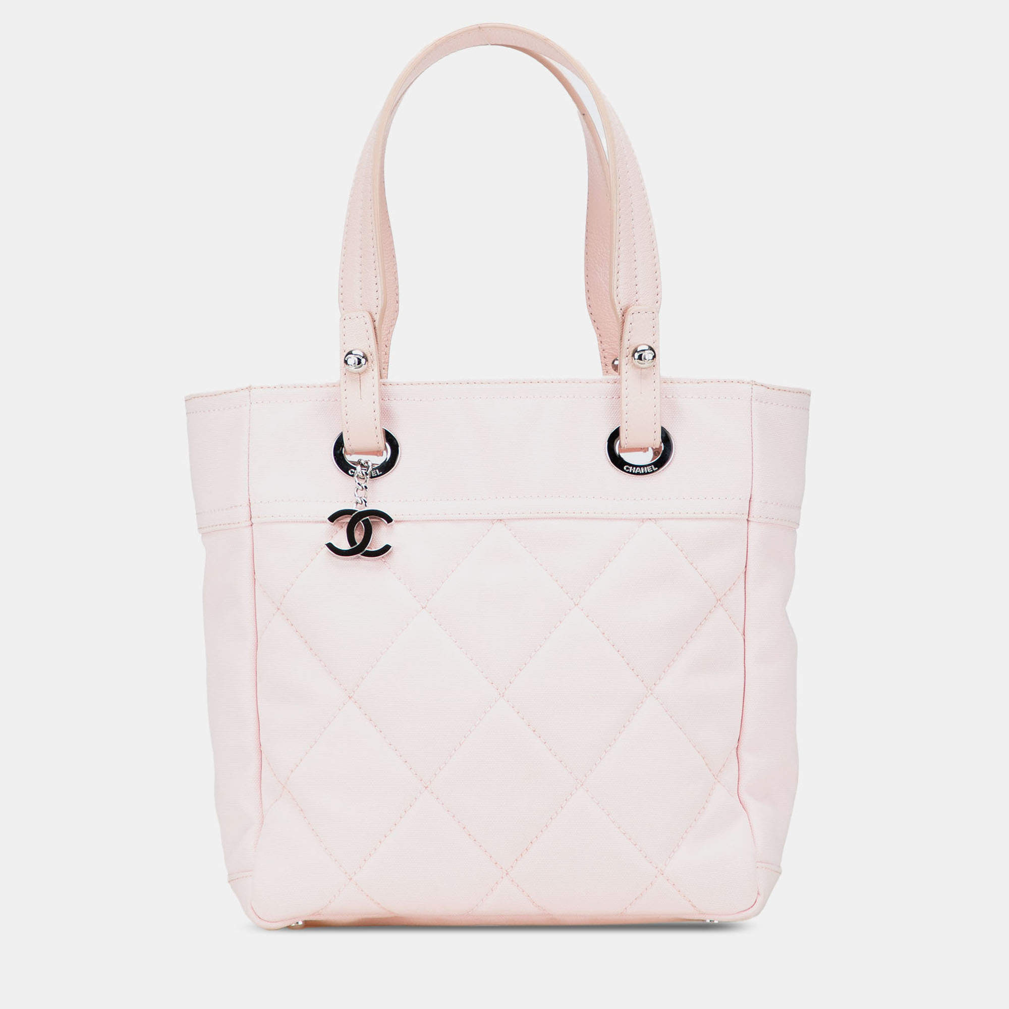 Pre Owned Chanel Pink Small Quilted Canvas Paris Biarritz Tote