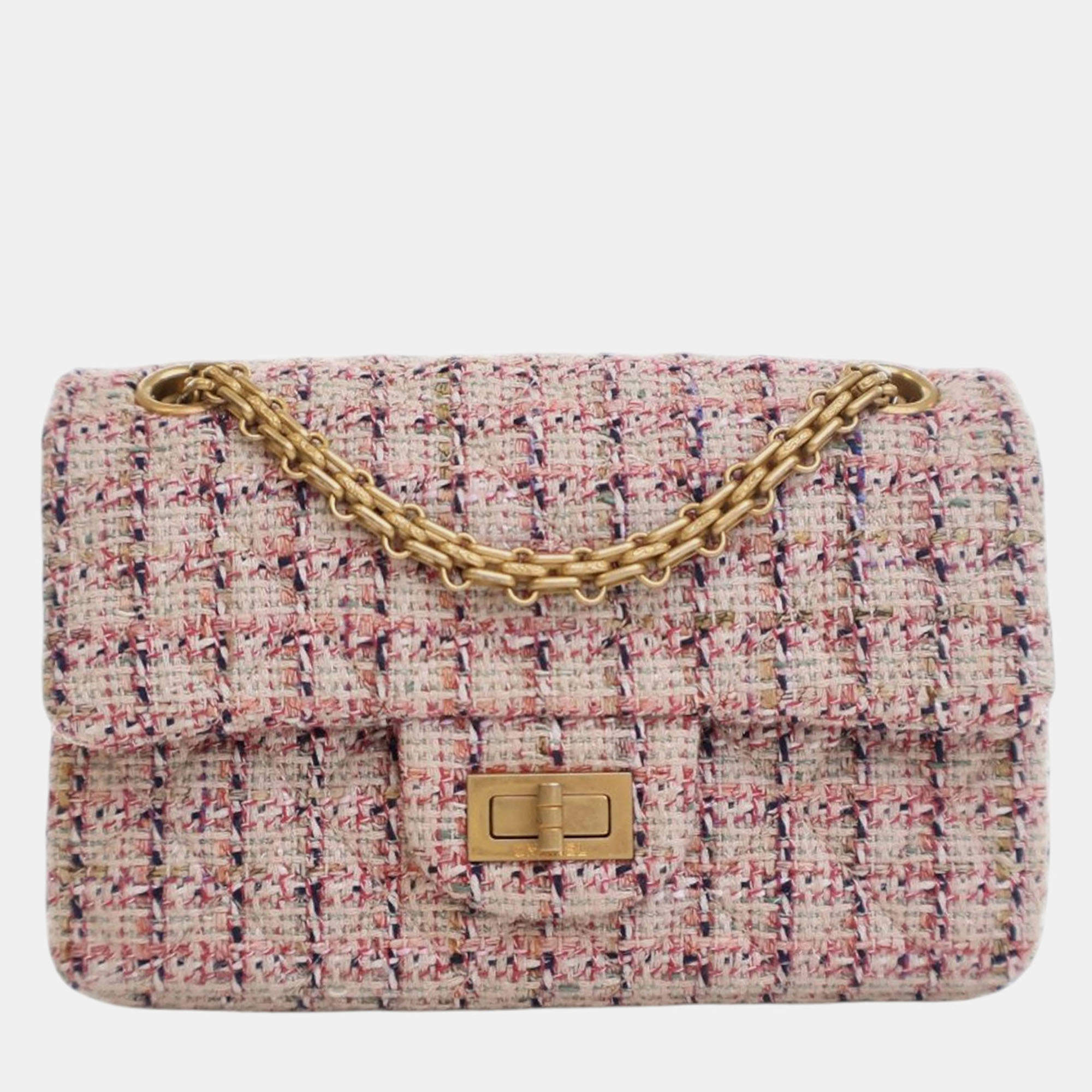 Pre Owned Chanel Pink Mini Reissue 2.55 Tweed Single Flap 224