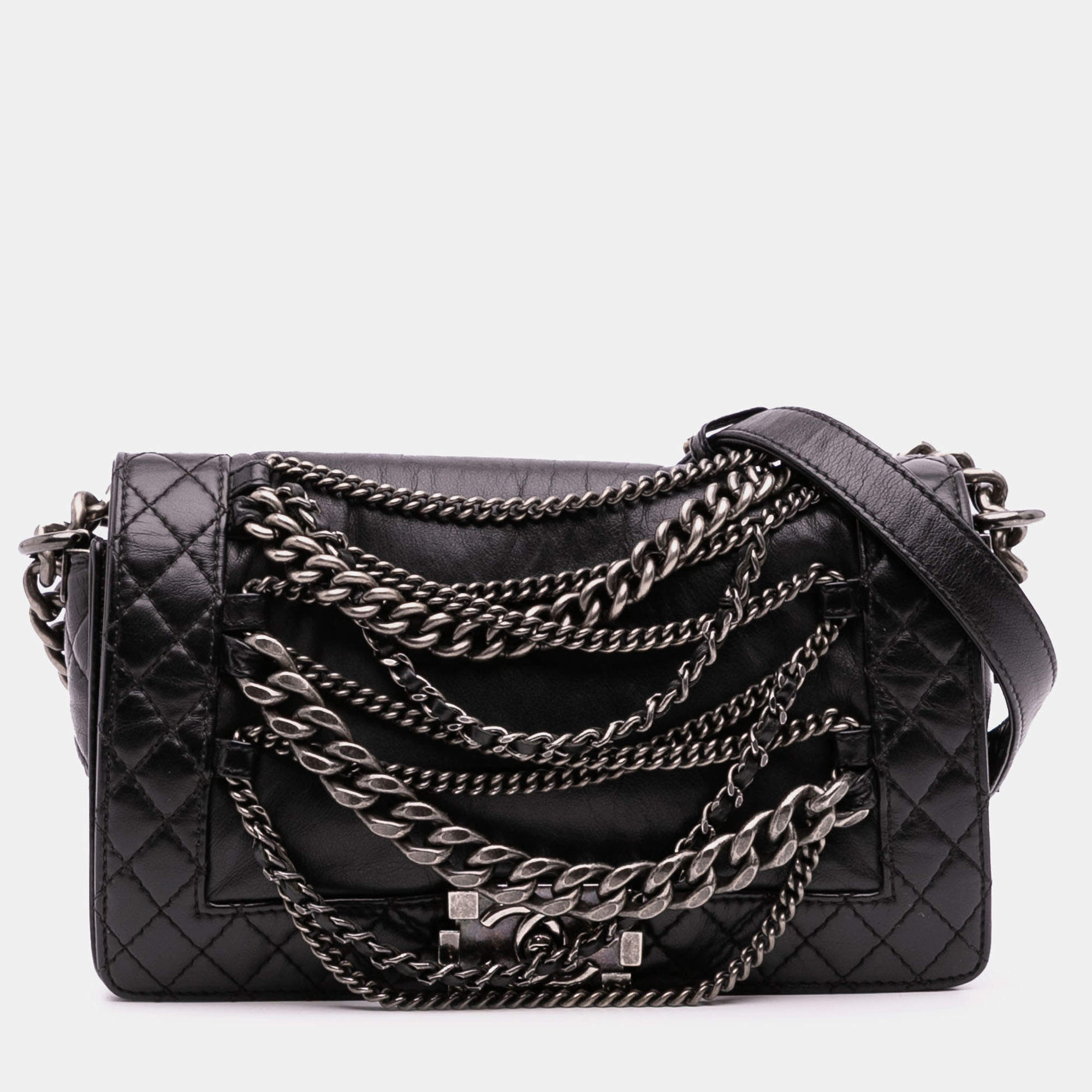 Pre Owned Chanel Black Medium Calfskin Enchained Boy Flap