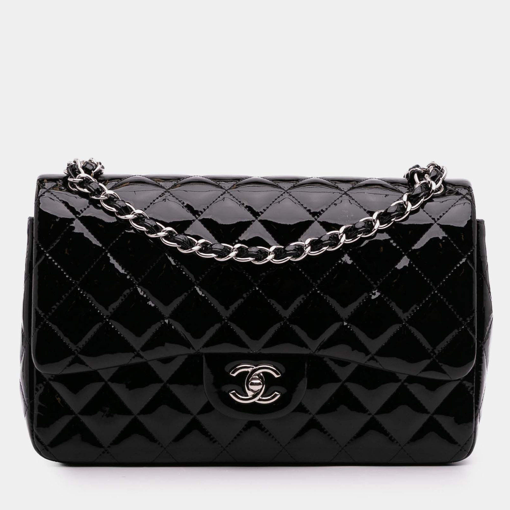 Pre Owned Chanel Black Jumbo Classic Patent Double Flap