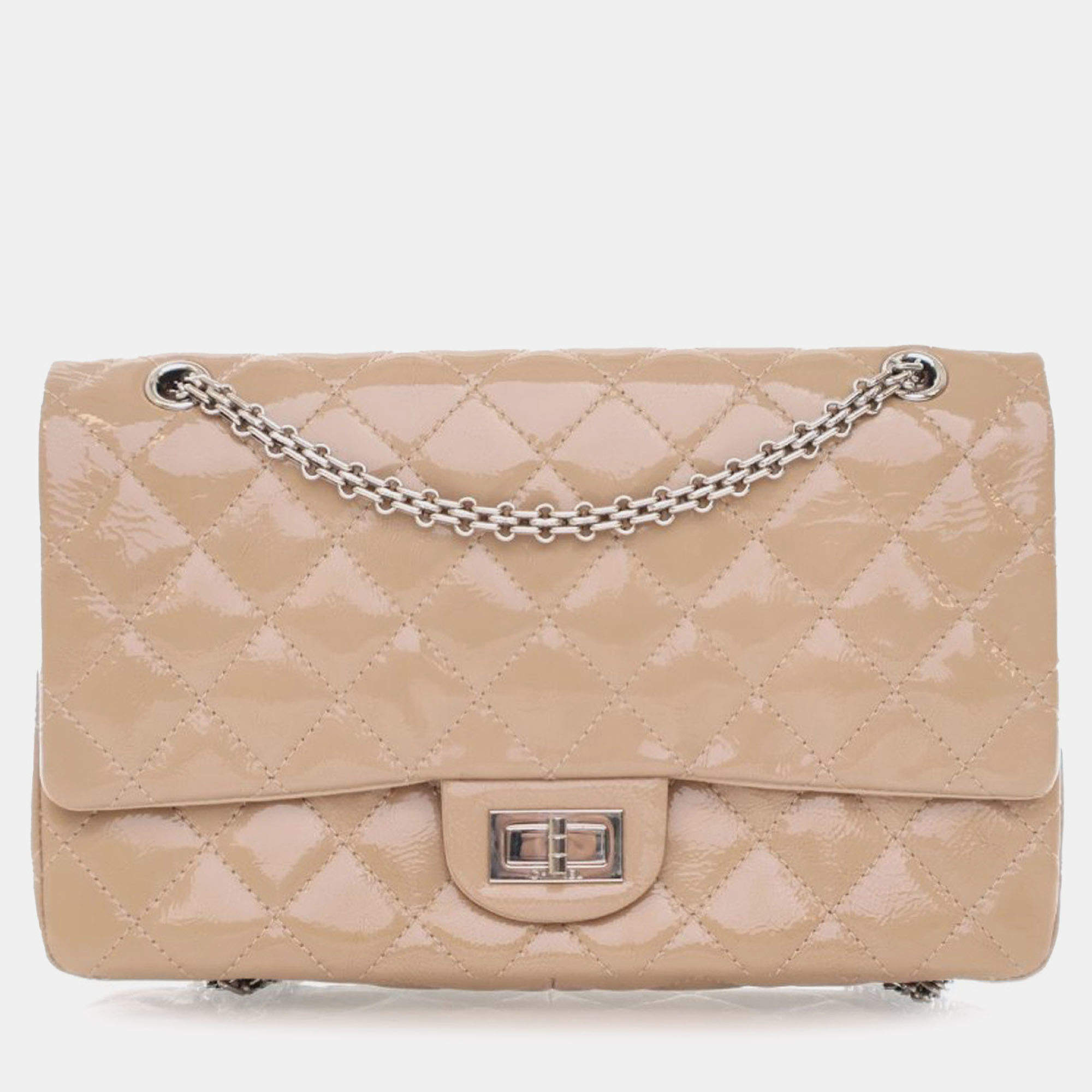 Pre Owned Chanel Beige Brown Reissue 2.55 Quilted Patent Double Flap 227