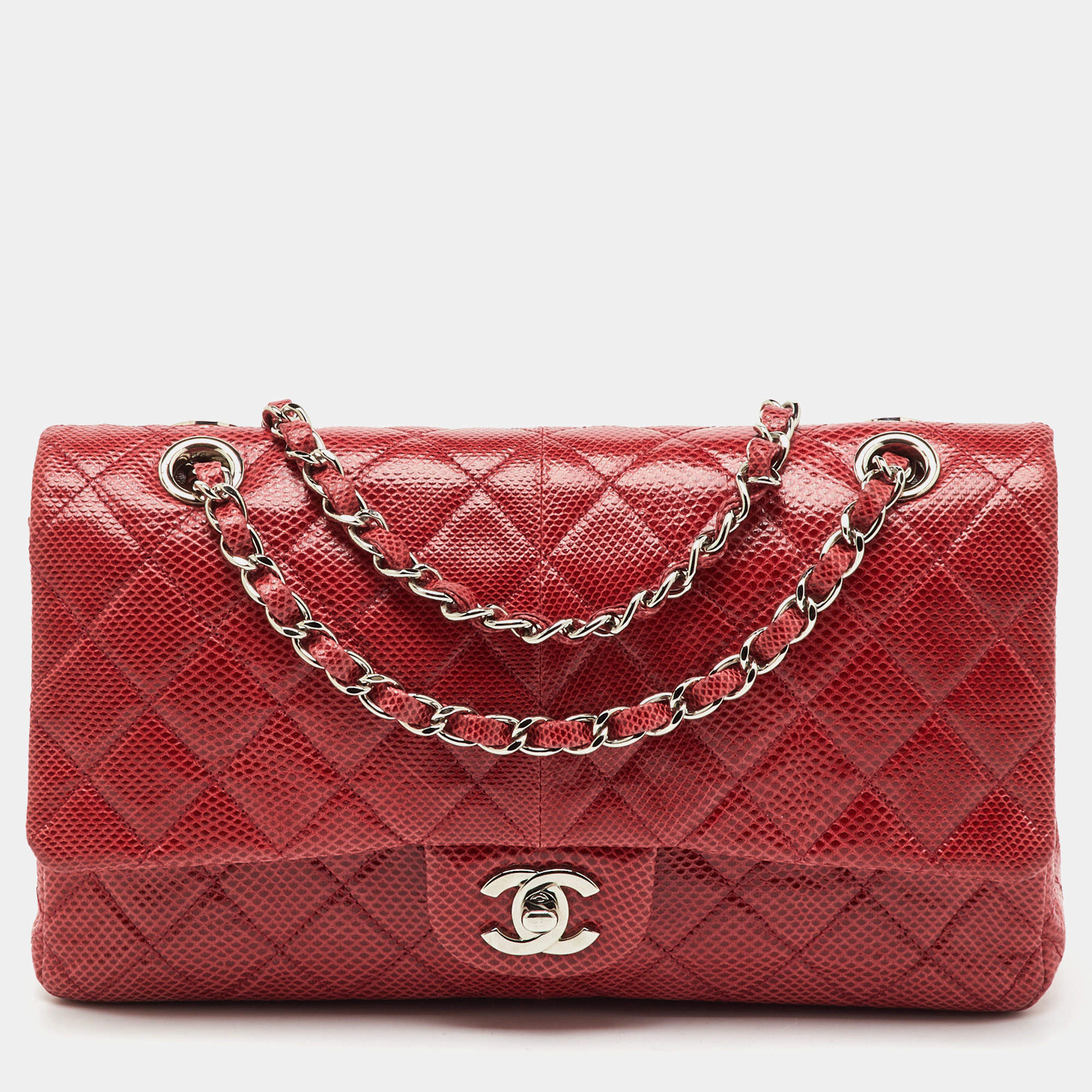 Pre Owned Chanel Red Quilted Snakeskin Medium Classic Double Flap Bag