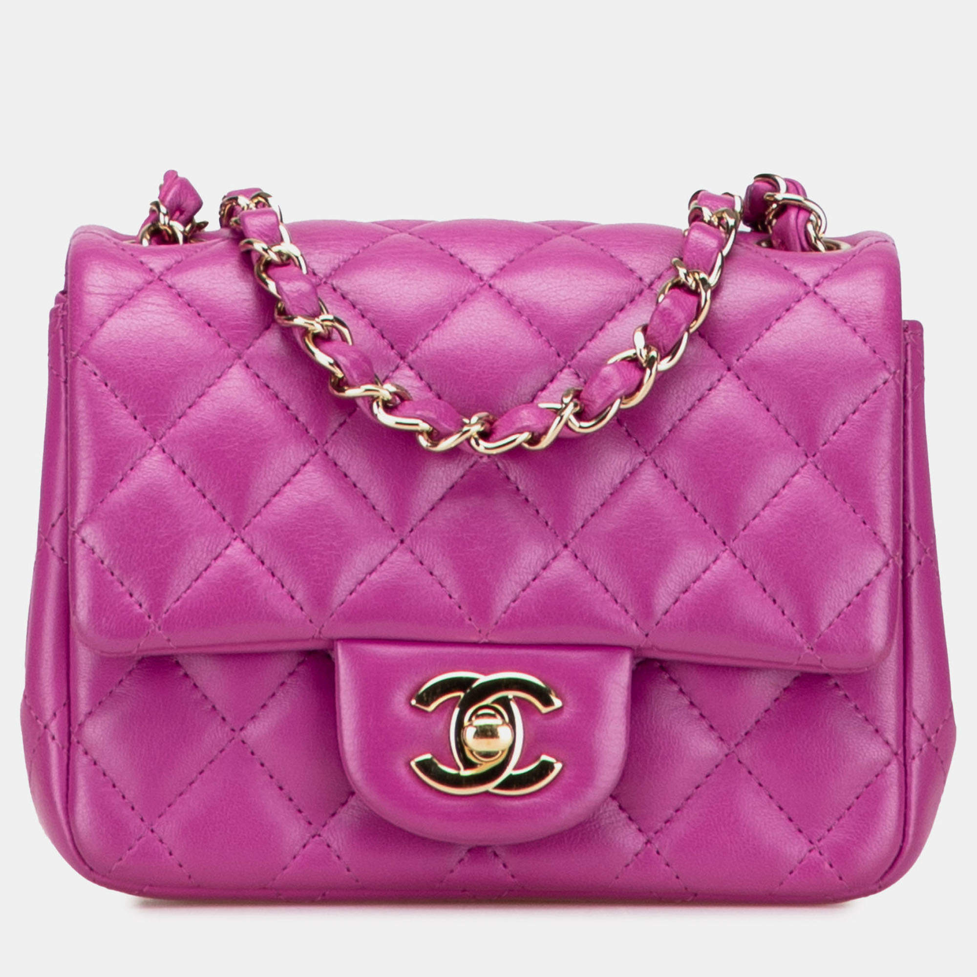 Pre Owned Chanel Purple Mini Square Classic Lambskin Single Flap