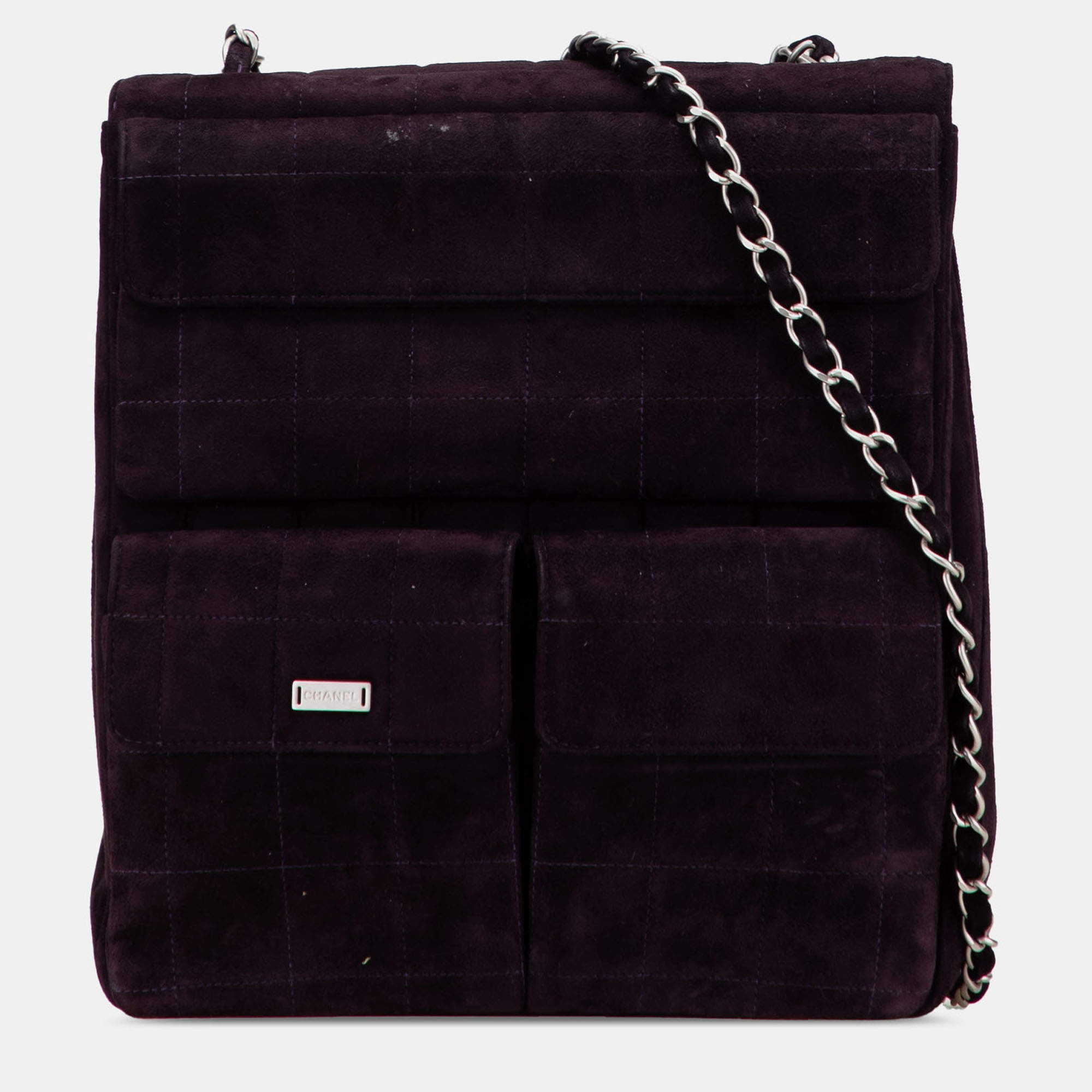 Pre Owned Chanel Purple Chocolate Bar Reissue Suede Multipocket Chain Flap