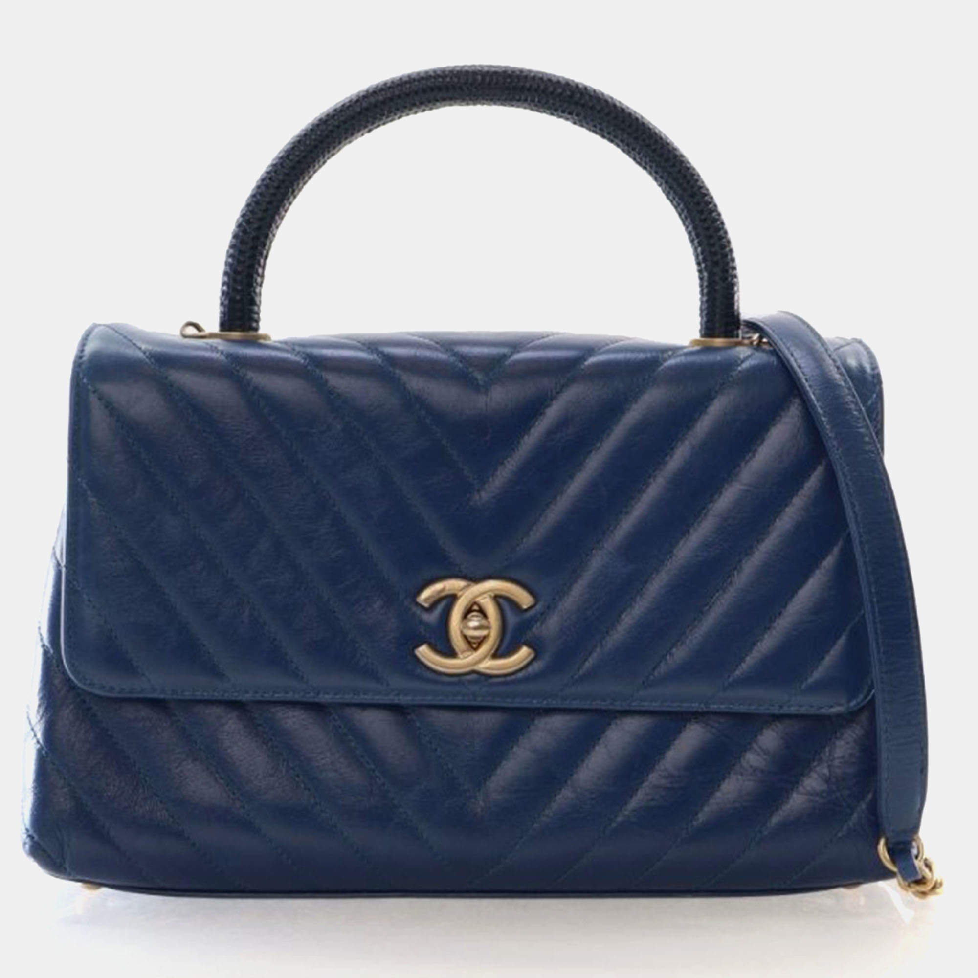 Pre Owned Chanel Medium Lizard Crinkled Calfskin Coco Handle Bag