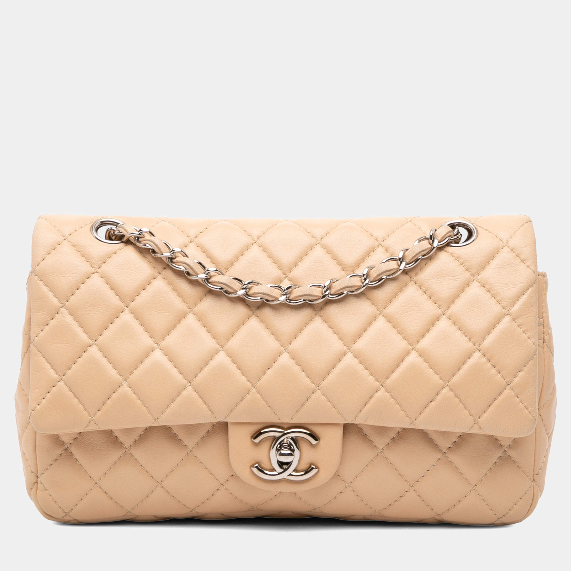Pre Owned Chanel Beige Medium Classic Lambskin Double Flap