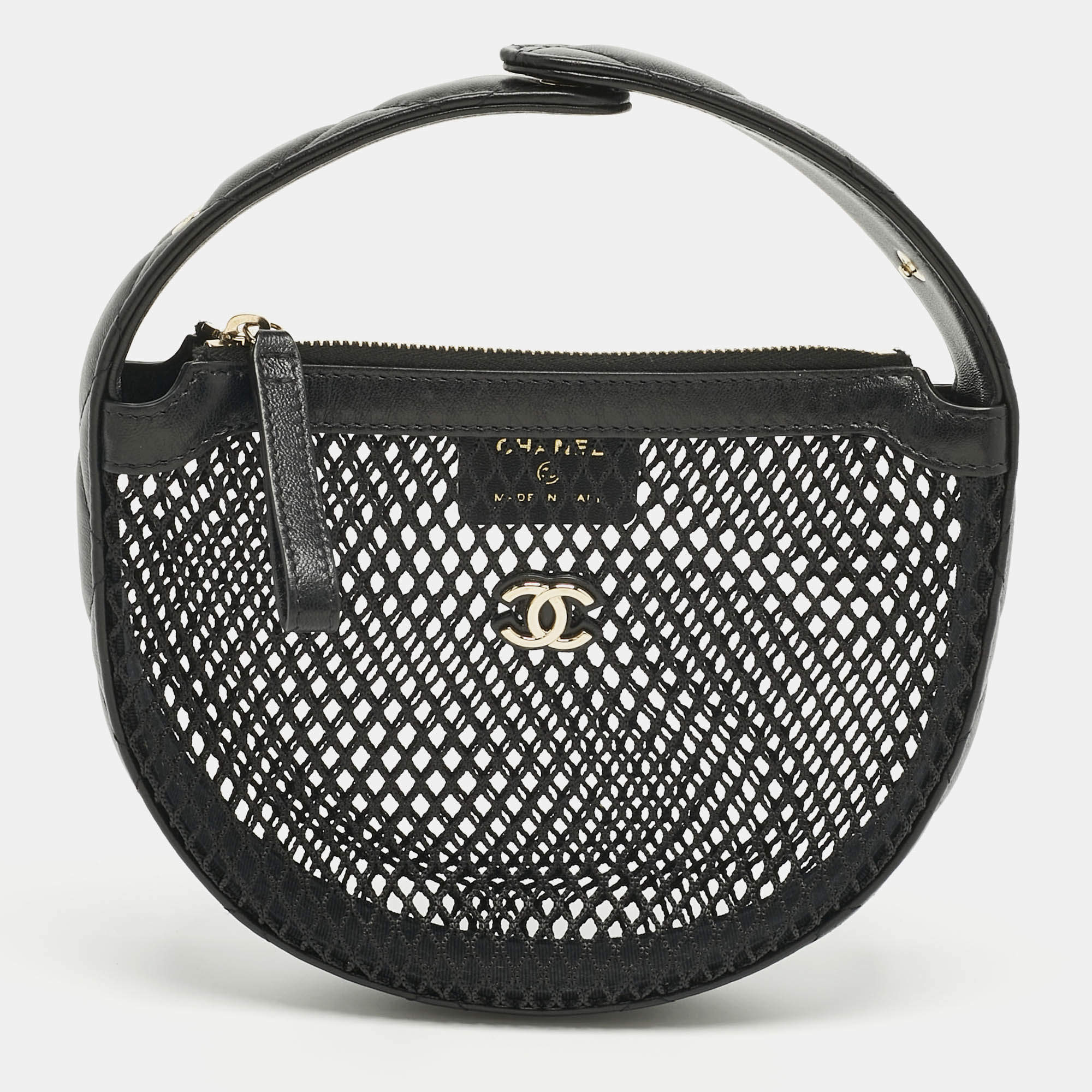 Pre Owned Chanel Black Quilted Leather and Mesh Mini Round Hobo