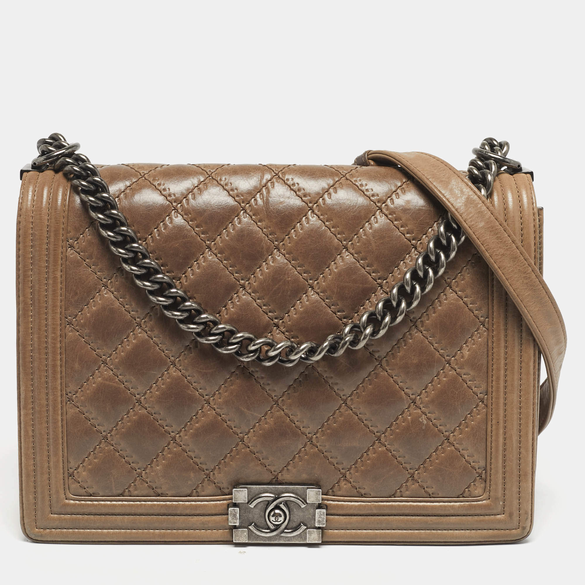 Pre Owned حقيبة شانيل "بوي فلاب" كبيرة جلد مبطن وزغب زيتوني/بني