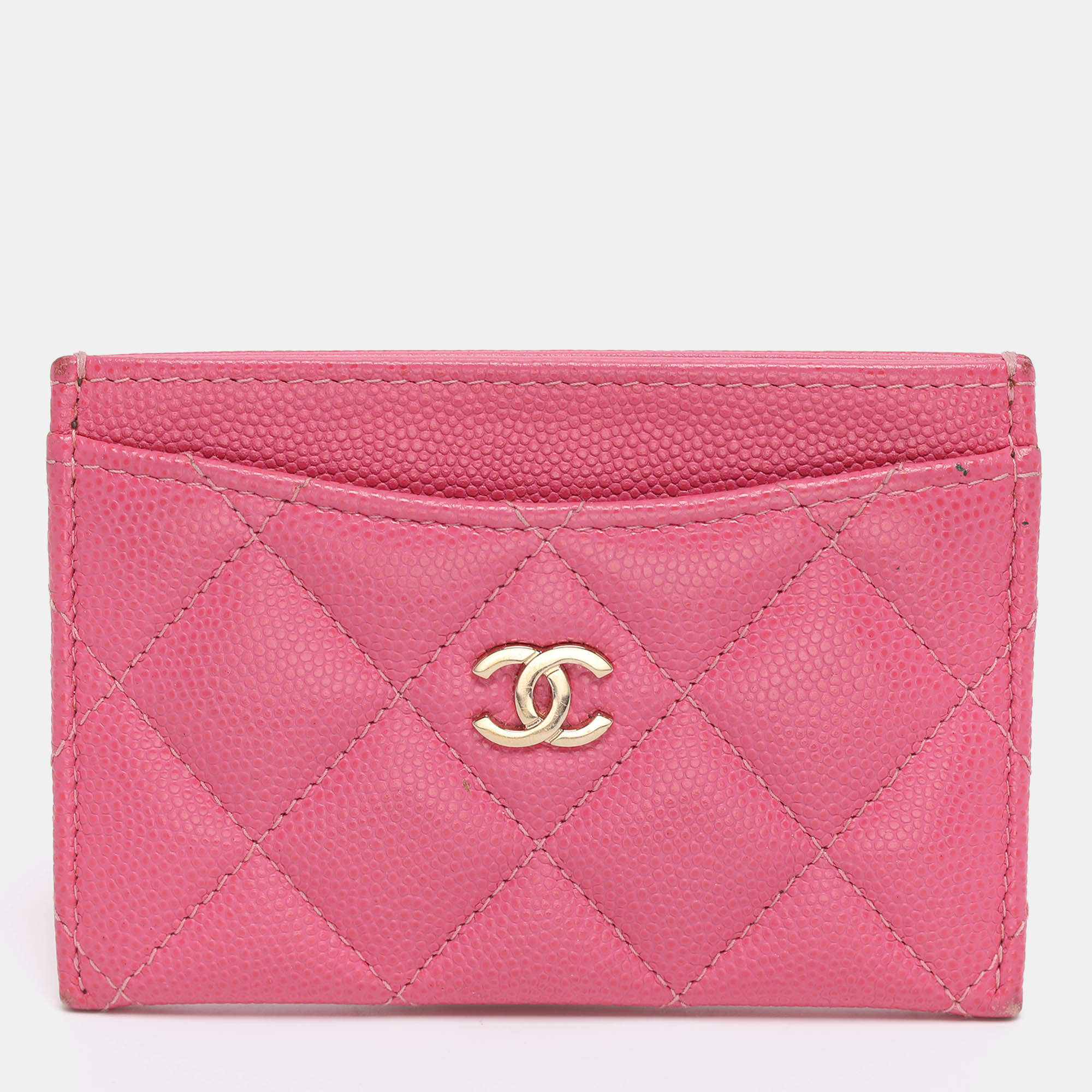 Pre Owned Chanel Pink Quilted Caviar Leather Classic Card Holder
