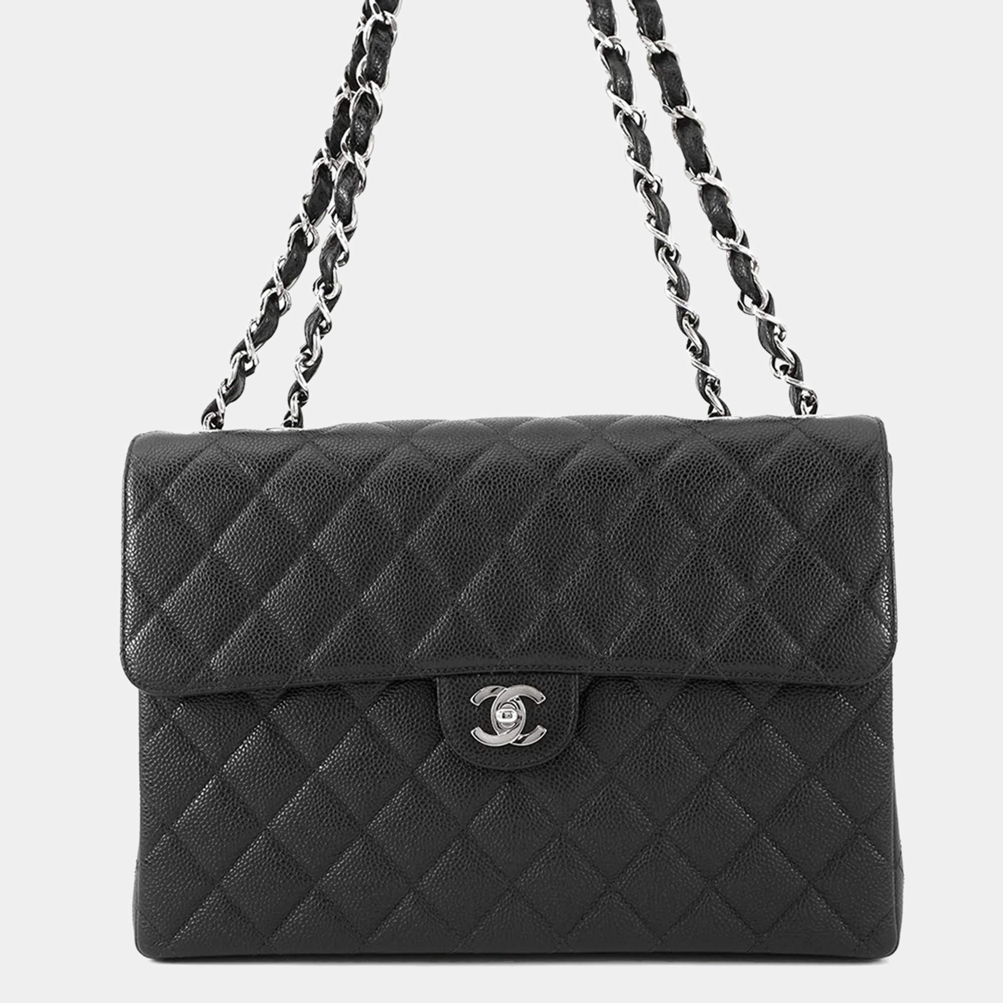 Pre Owned Chanel Jumbo  Size 30 Matelasse Chain shoulder Bag Black Caviar Leather Bag